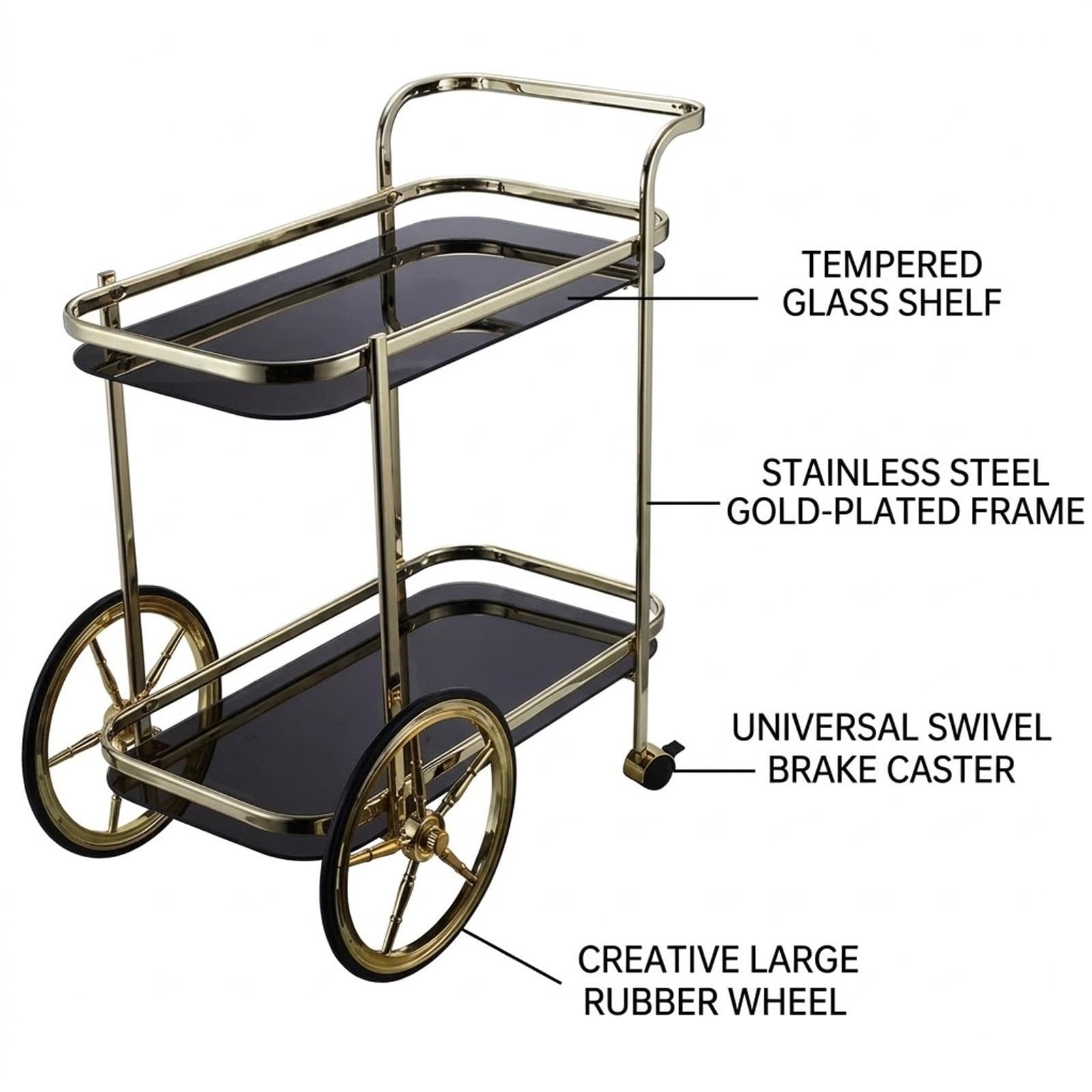 Chariot de Bar à 2 Niveaux avec Grandes Roues, Porte Bouteille de Vin