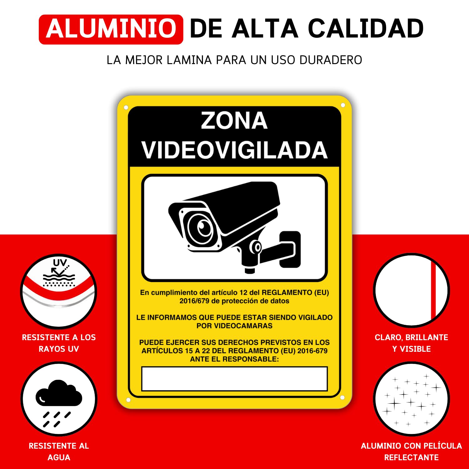 LEIASA | Poster Area Videosorveglianza - 21 x 28 cm - Alluminio - Spessore 0 ,8 mm - Poster Videosorveglianza - Stampa UV - Resistente Esterno - Segnale di allarme in alluminio (Segnale Allarme