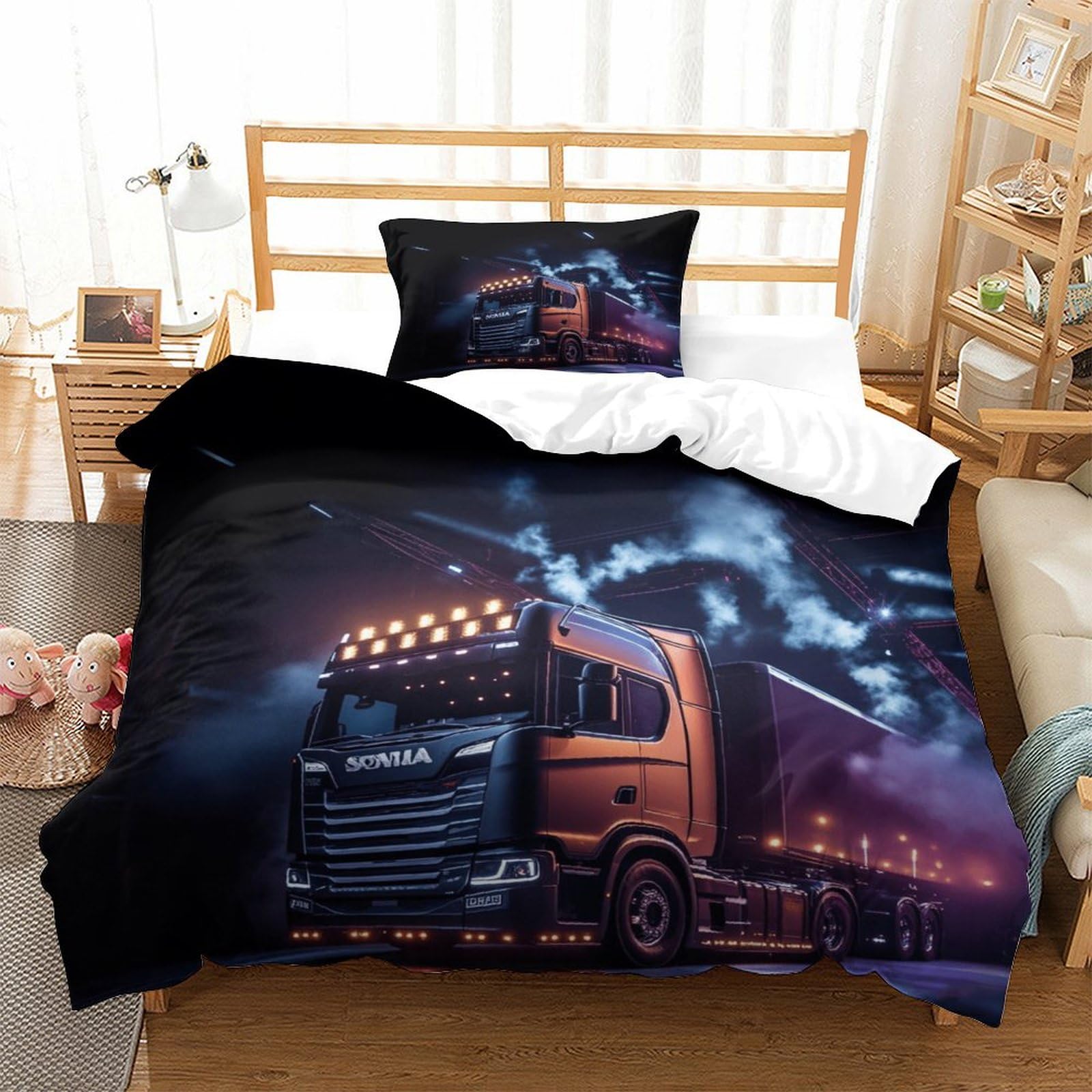 XiaopangXY 3D Truck Print Duvet Cover Set Breathable Lorry Bedding Set, Fashionable Quilt Cover Set for Kids & Adults Decoration Kids Comforter Cover Single（135x200cm）