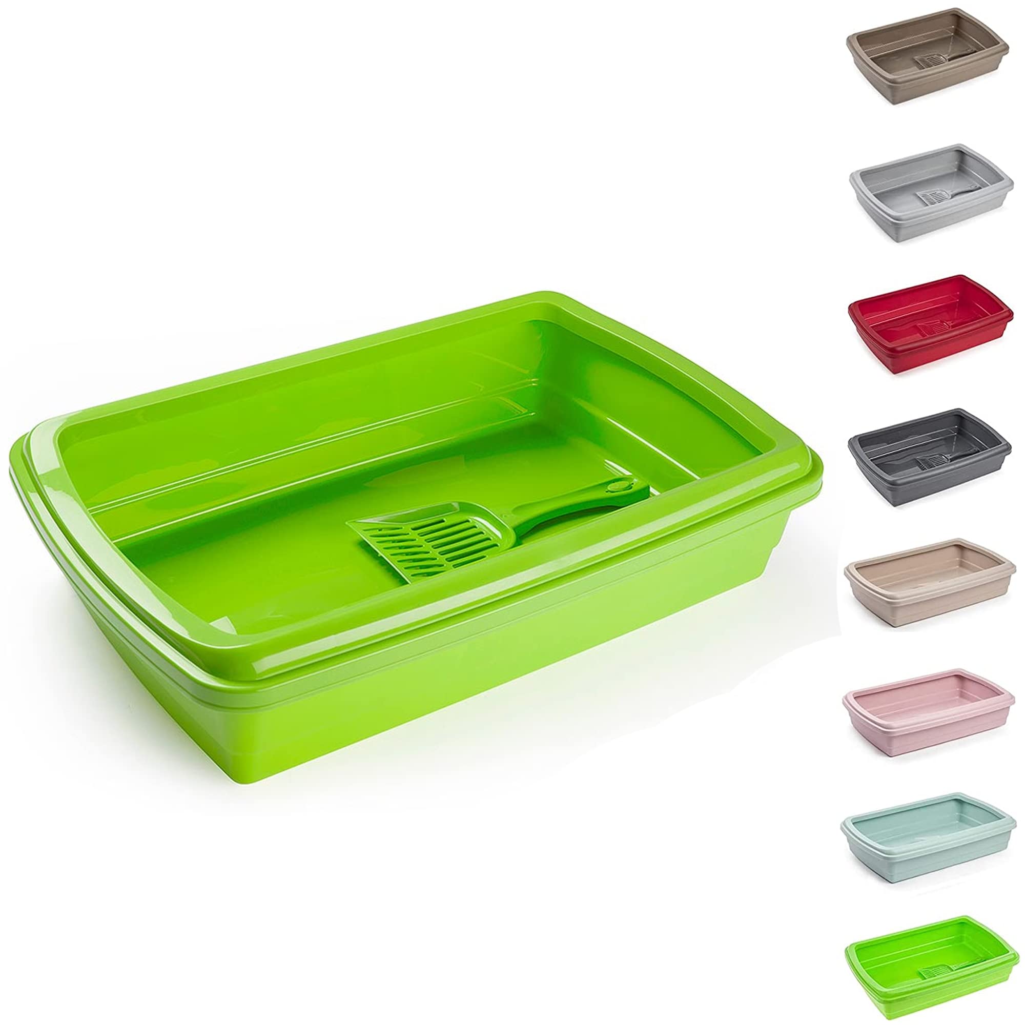 PLASTIFIC Large Cat Litter Tray or Set with Bowls + Scoop Open Plastic Box Toilet Rim Easy Cleaning Litter Tray, Litter Box, Kittens/Cats (Green)