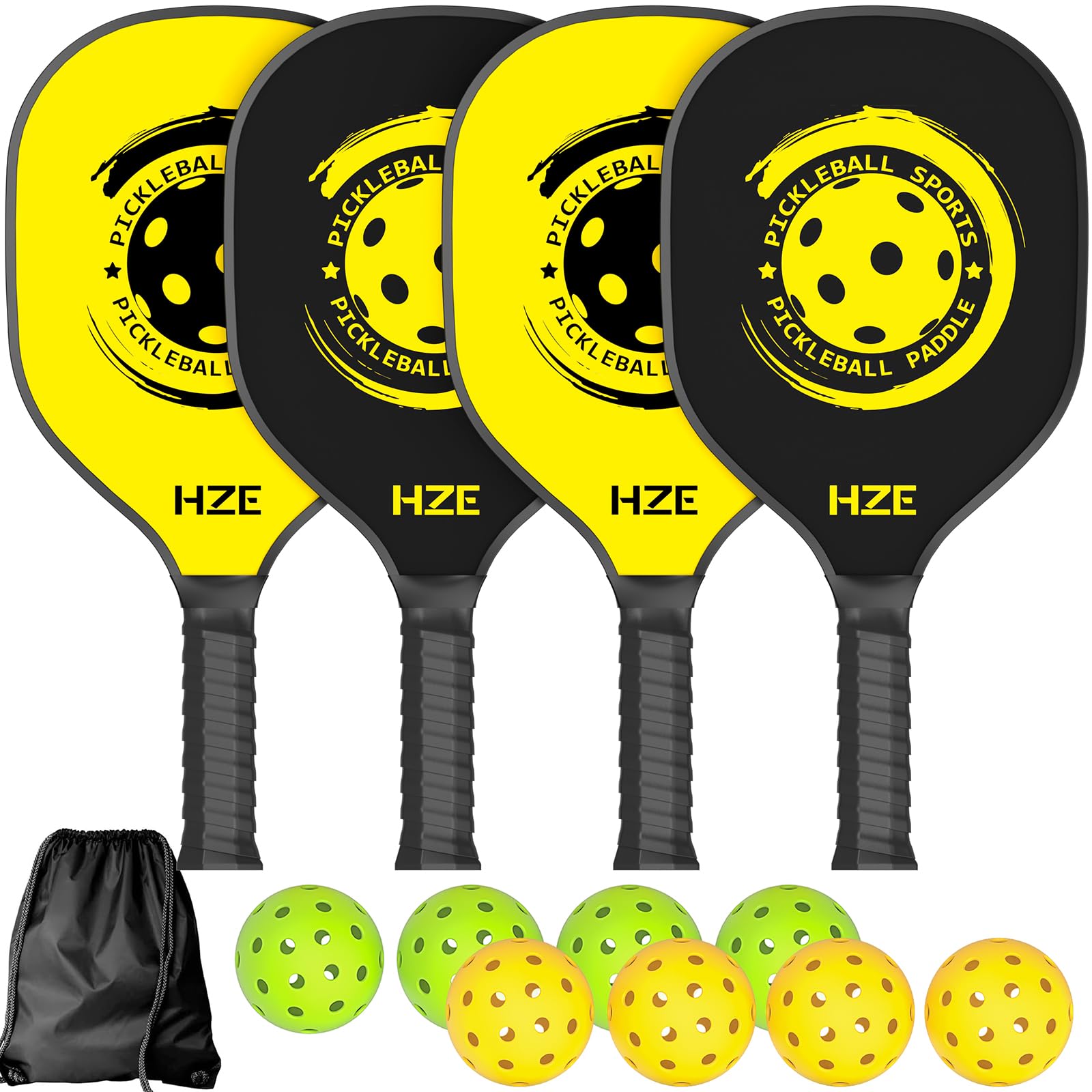Pickleball Racquents HZE Pickleball Paddles Set of 4, Pickleball Set with Ergonomic Cushion ...
