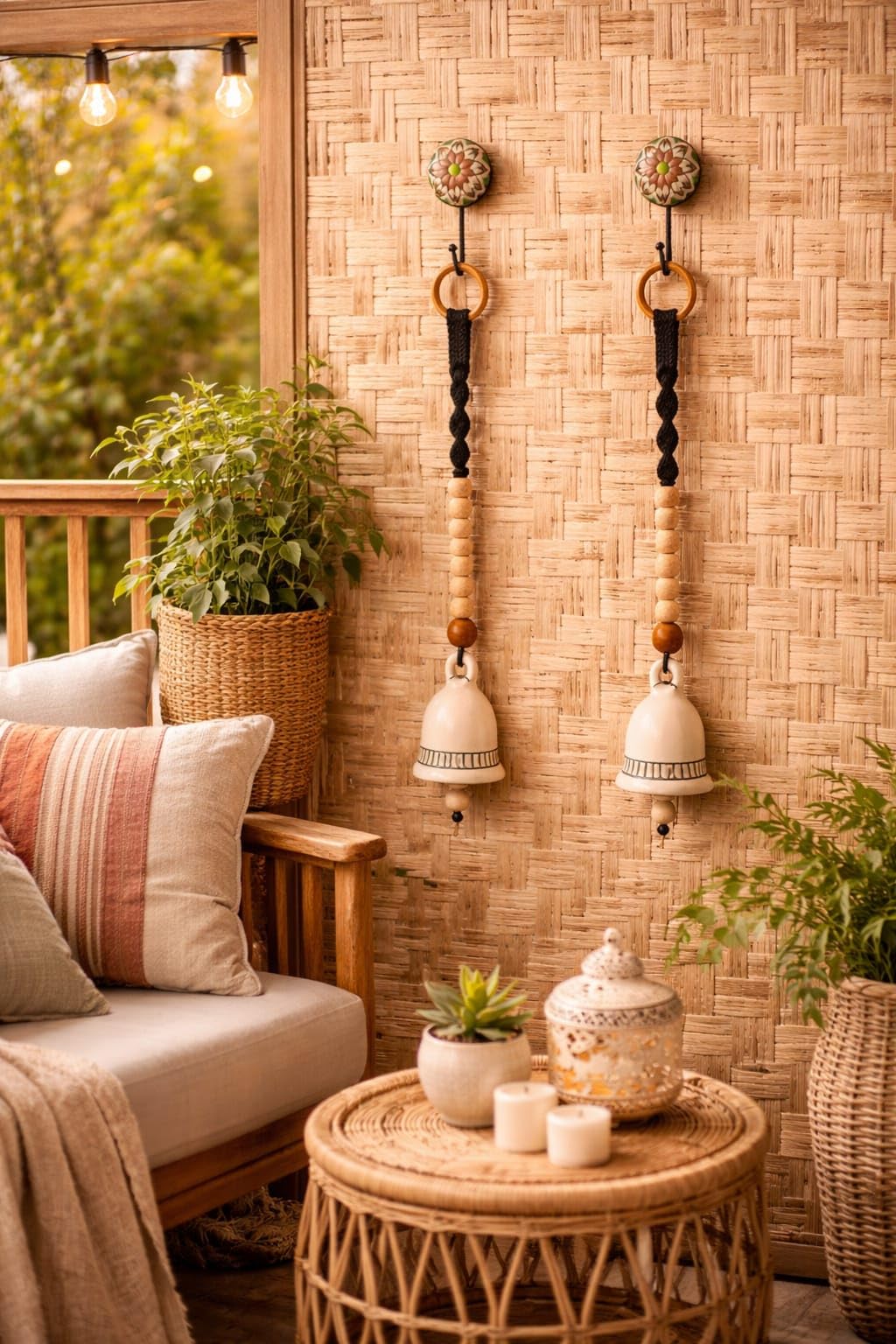 Set of 2 Hand-Painted Ceramic Hanging Bells with Macrame Cord & Decorative Hooks | Boho Wall Decor Wind Chime Bells for Home, Balcony & Entrance-picture-21