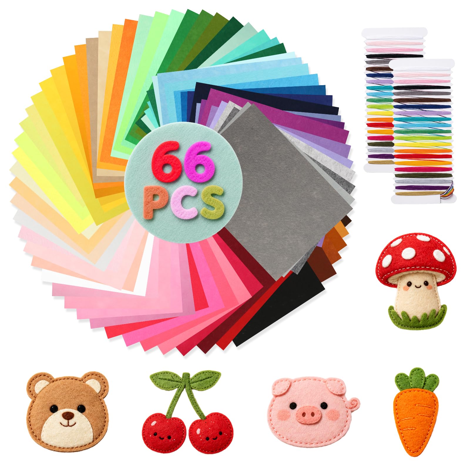 Felt Fabric Sheets 66Pcs Coloured Craftwork Sewing Squares, 20cm x 30cm