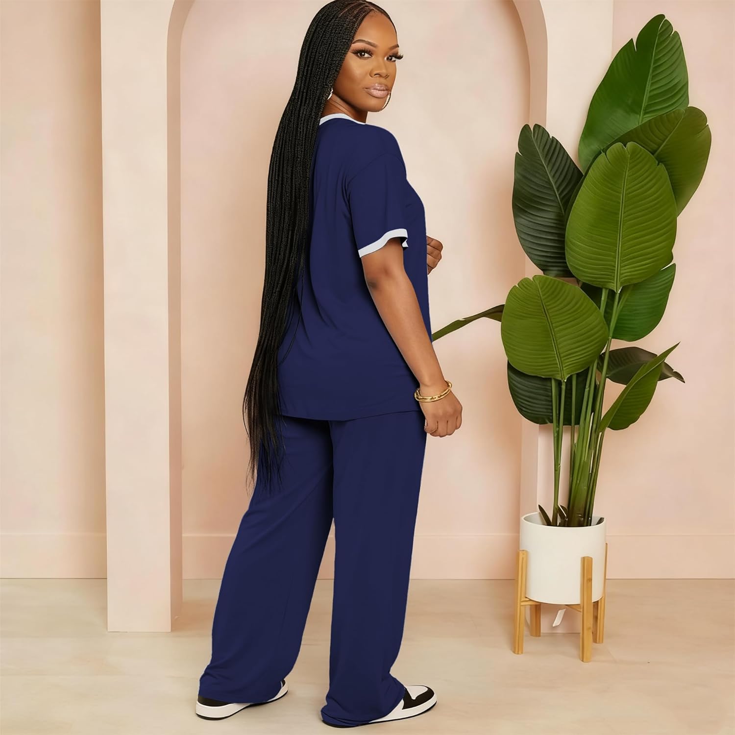 HBQ Women's 2 Piece Outfits Loose Fit Tops Wide Leg Pants Short Sleeve Lounge Matching Sets Sweatsuits - Image 3