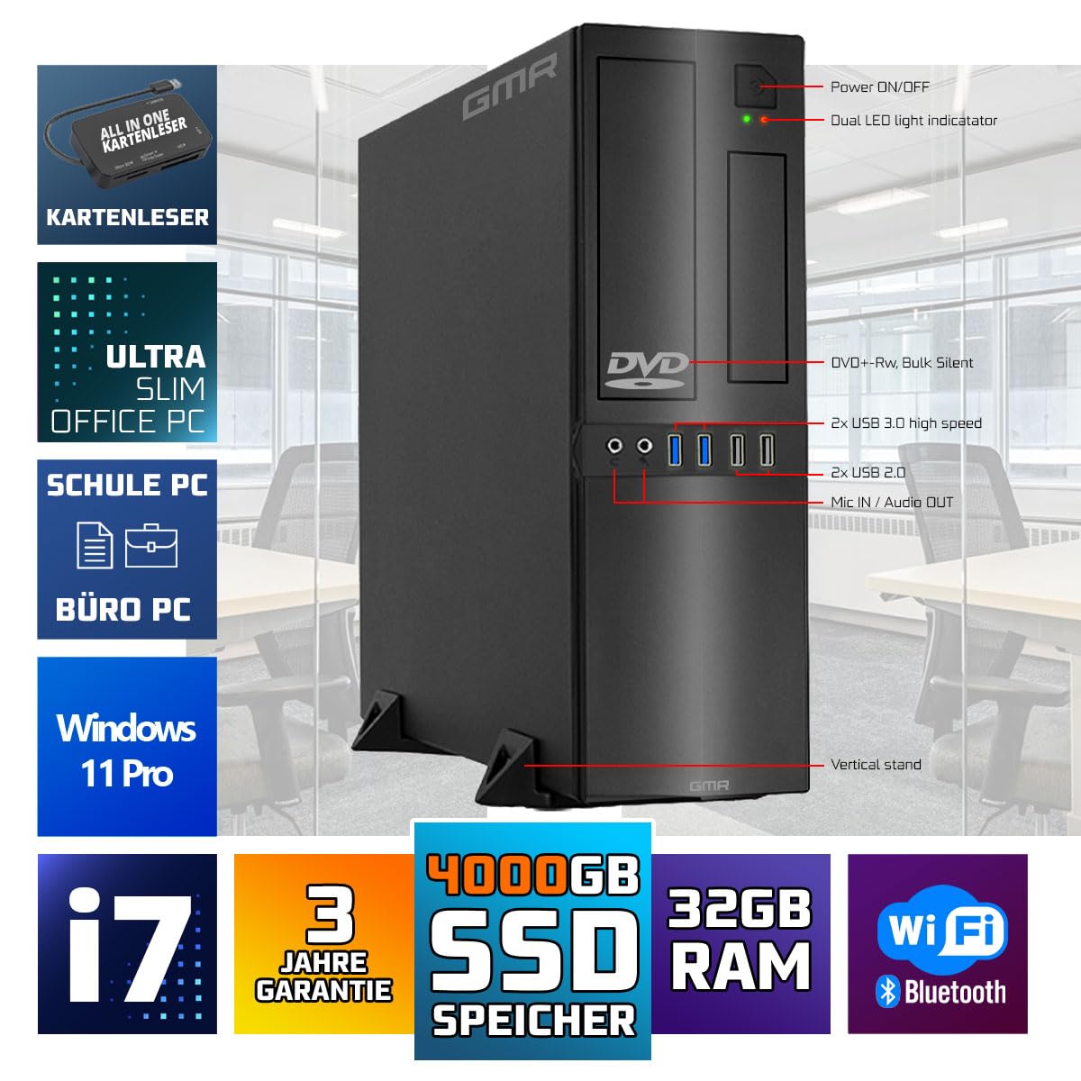 GMR Ultra Slim i7 Office PC - Business Office Computer | 3 anni di garanzia | 32 GB di RAM | 4000 GB SSD | DVD±RW | USB 3 | Windows 11 Prof | Bluetooth WiFi
