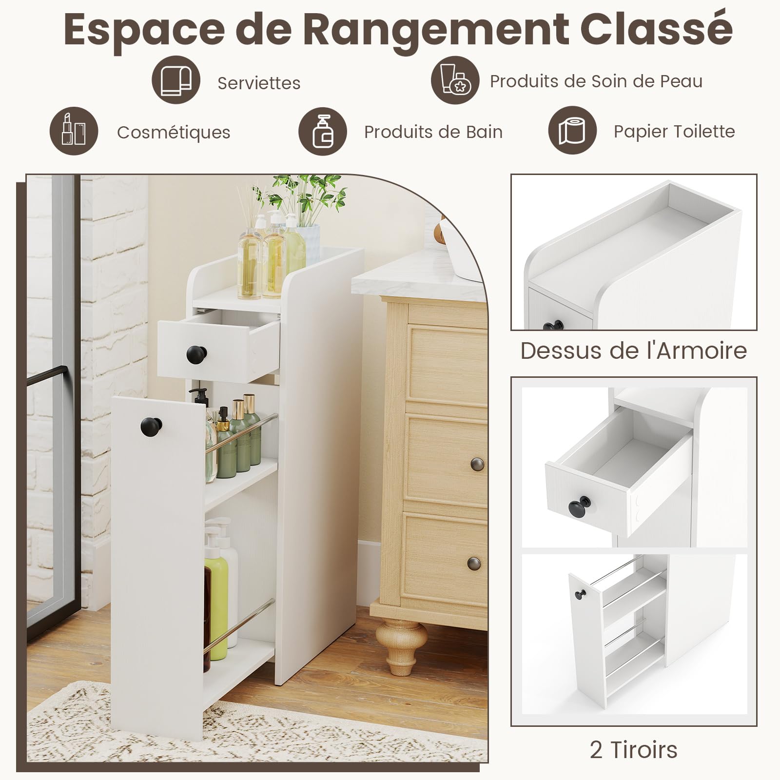COSTWAY Petit Meuble Salle de Bain avec Tiroirs, Meuble Rangement Étroit pour Papier Toilette, Armoire de Toilette pour Petit Espace, 40 x 18 x 70 cm (Blanc)