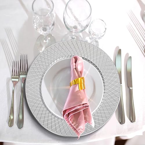 Miniatura 6 de Frcctre Paquete de 12 platos de carga plateados, platos decorativos redondos de plástico de 13 pulgadas, placa de servir reutilizable con patrón de