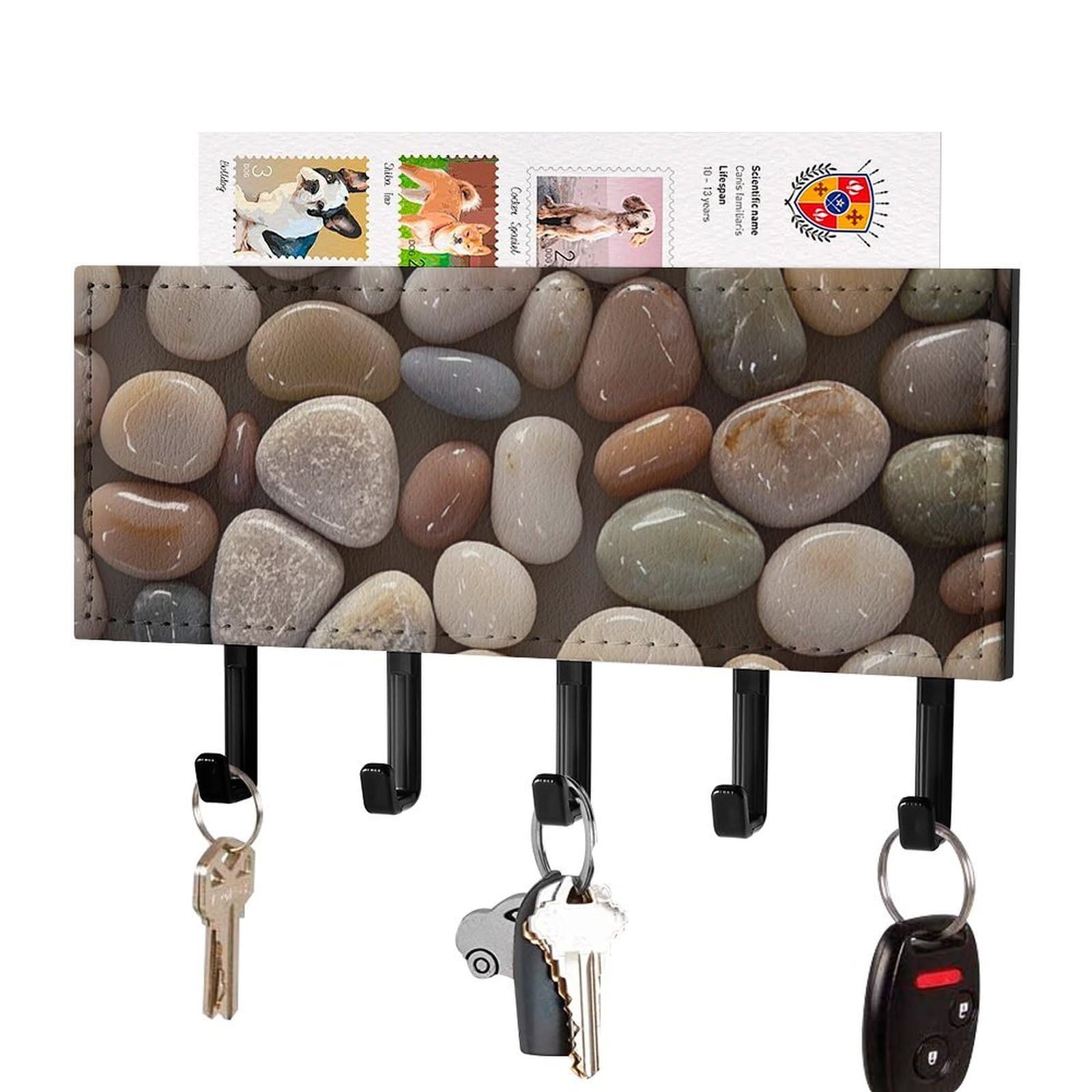 FekiLoot Petoskey Stone Key Holder Wall Mount Key Hanger with 5 Hooks Decorative Key Rack Hanging Key Hooks with Mail Organizer Key Holder for Wall Living Room Kitchen Bathroom Hallway Black