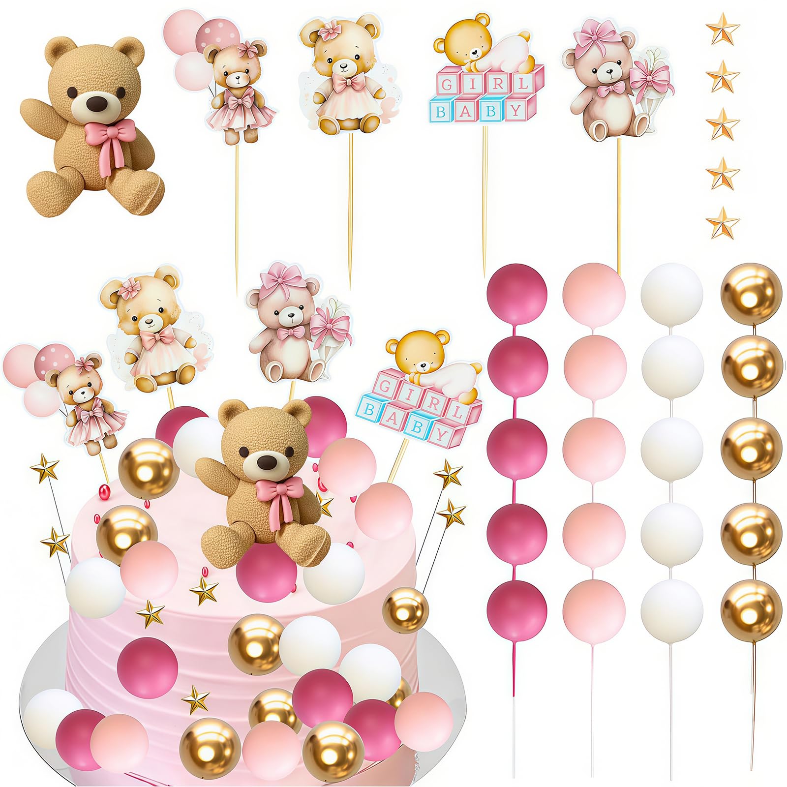 Bear Cake Decoration, 38 pcs Beige Brown Balls Cake Decoration, Luxury Baby Shower, Topper Boho Cake