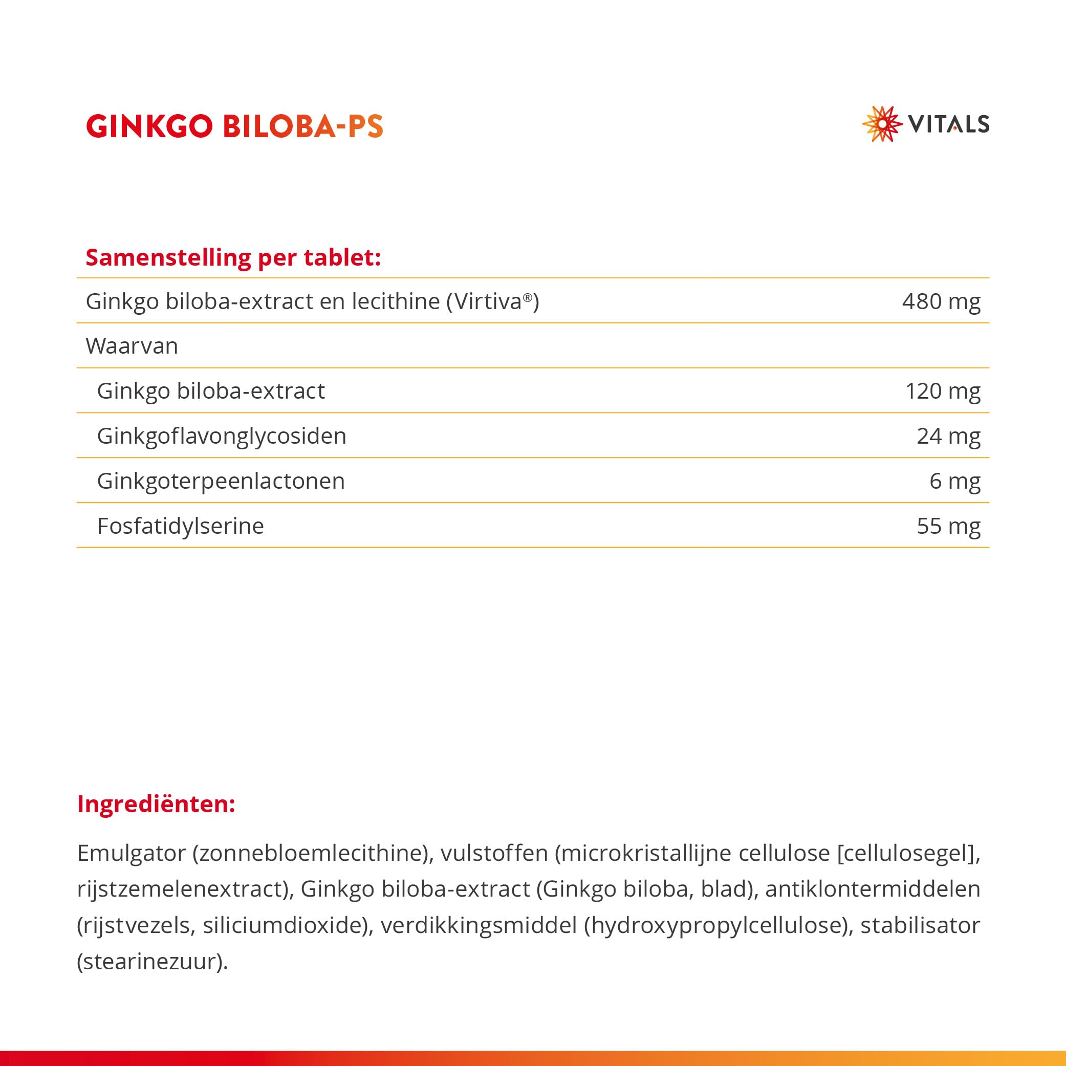 Vitals Ginkgo Biloba PS - 60 Tabletten, vegan. Mit Virtiva und Phytosome für verbesserte Bioverfügbarkeit. Für Konzentration, Gedächtnis und geistige Leistung.