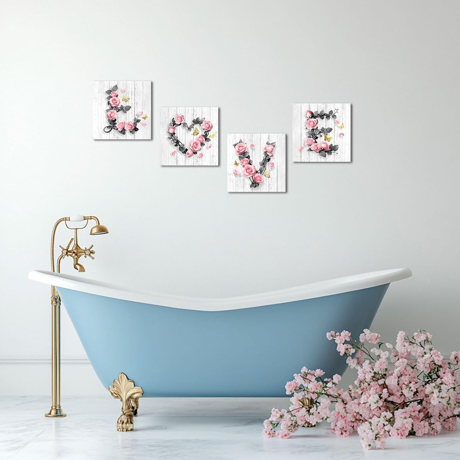 sechars Rose Wall Art with Gold Butterflies Paintings Print Set Love Heart Bathroom Decor Vintage Floral Pictures for Girl (Pink)