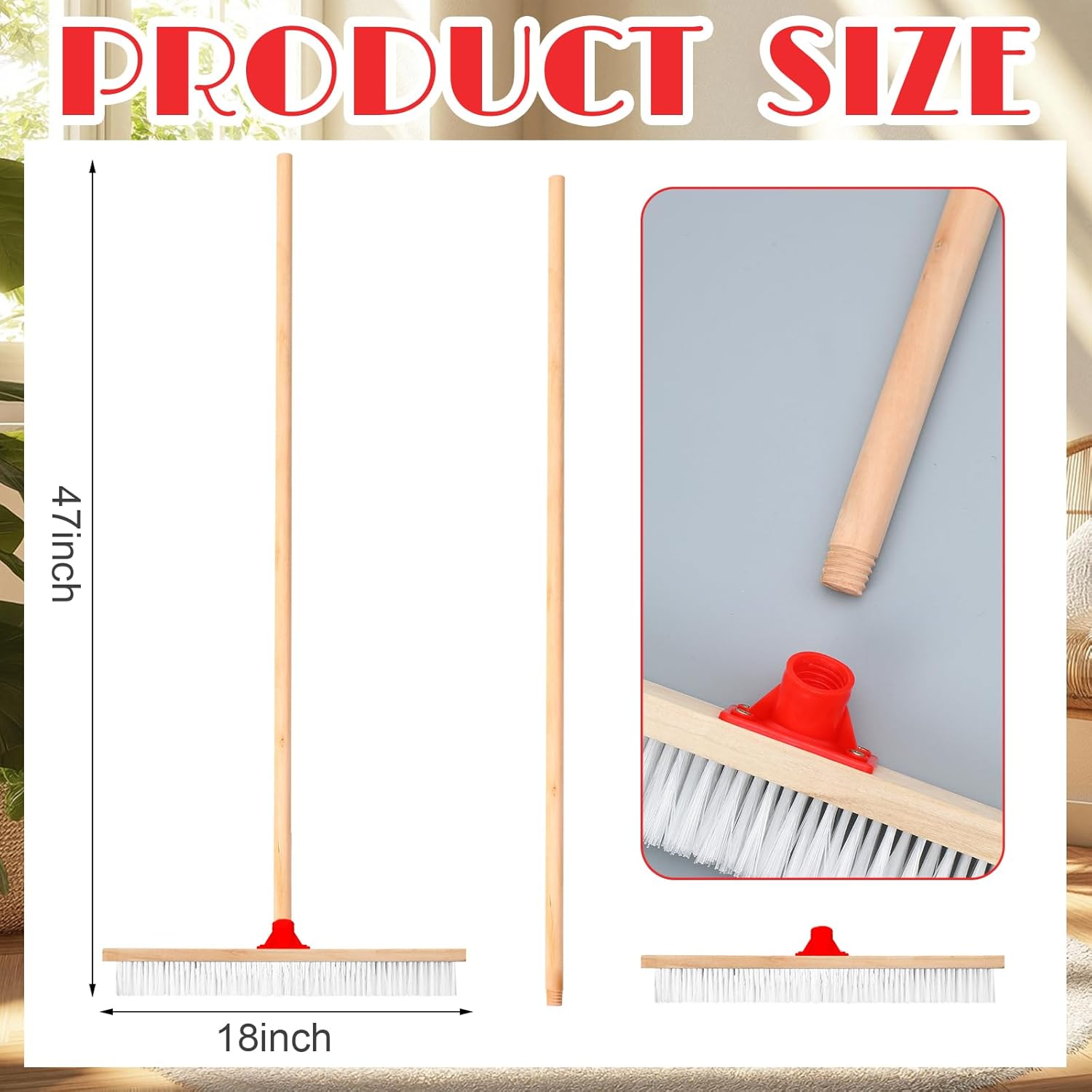 6 pack 18 inches push broom outdoor heavy duty multi-surface garden brush broom with 47" long handle floor scrub brush for deck driveway patio garage yard concrete floor cleaning