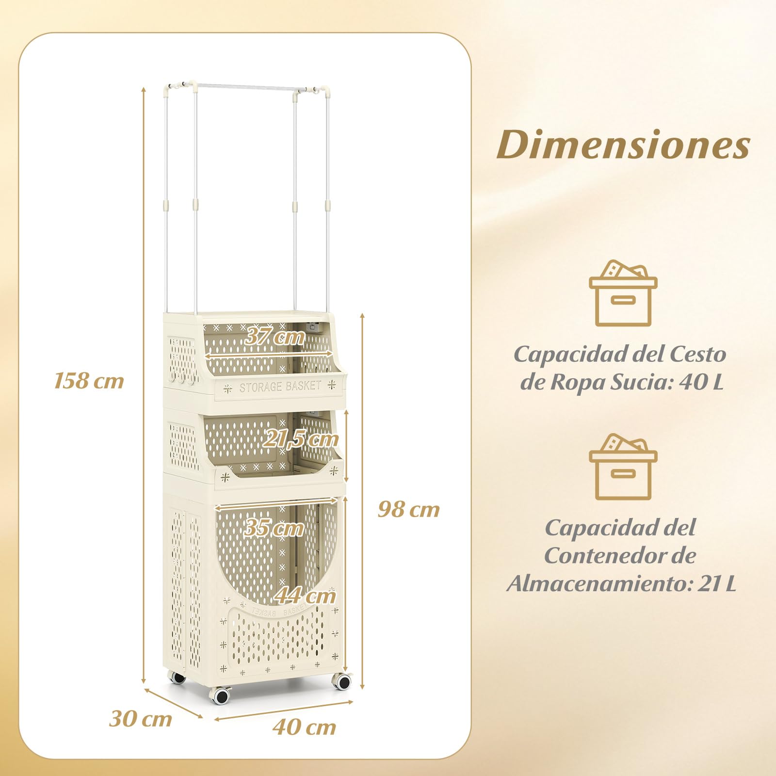 GIANTEX Cesto Ropa Sucia con Ruedas, Cesta de Lavandería Plegable con Copartimentos Abiertos, 6 Ganchos, Carrito de Almacenamiento para Baño, Dormitorio (81 L+Barra)