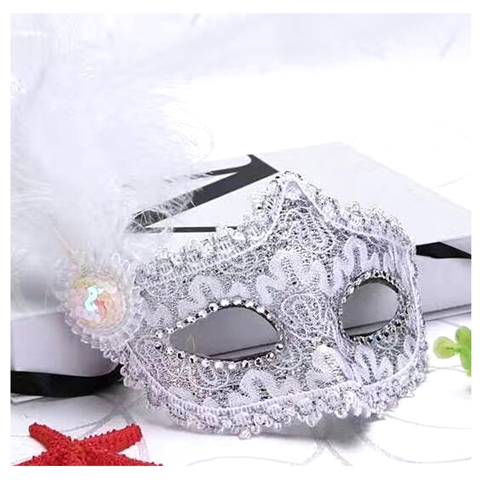 AWAVM Fashion Venetian Face Mask Feather Decoration Women Masquerade Masks for Halloween, Masquerade, Costume Party (White)
