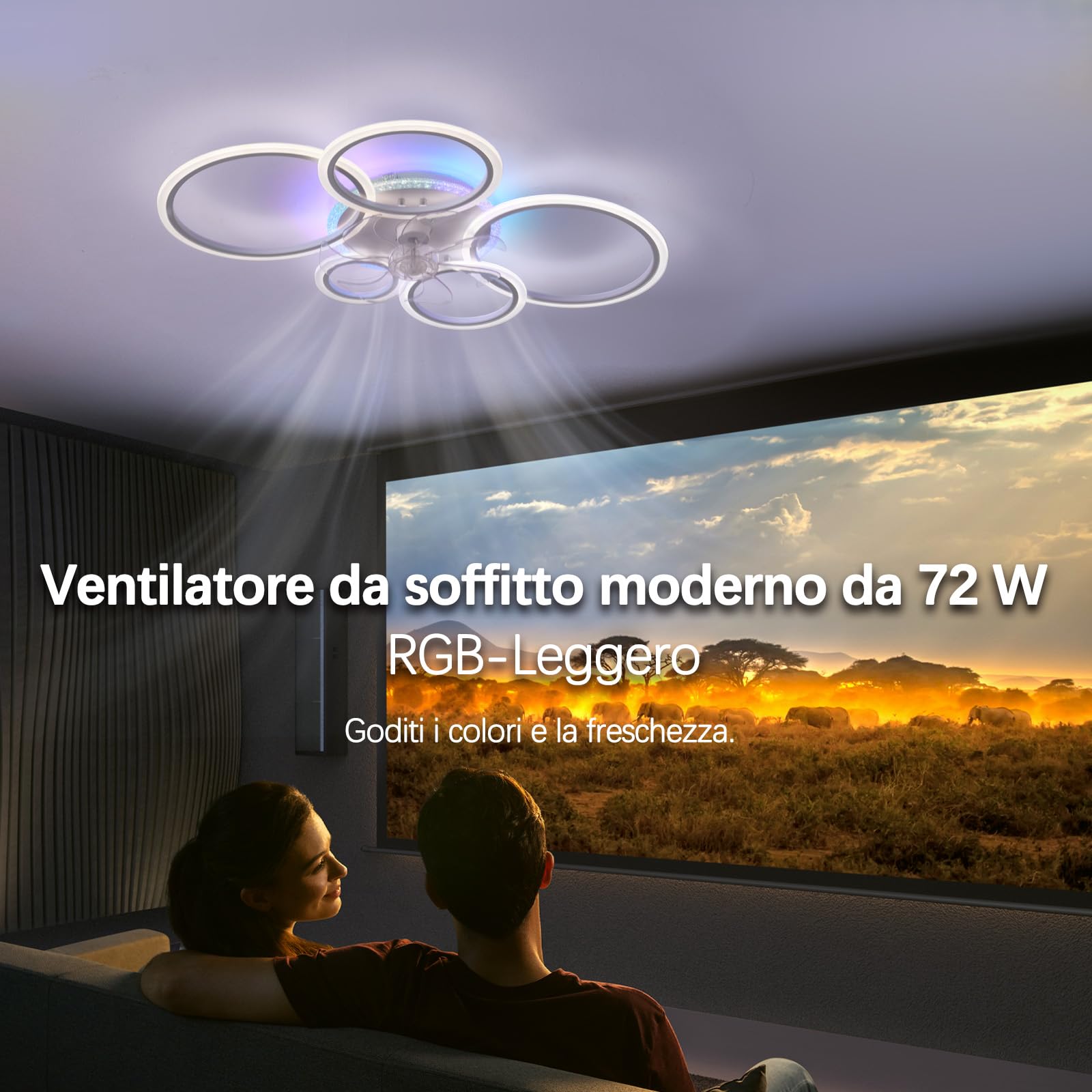 RGB Ventilatore da Soffitto con Luce Compatibile con Alexa 95cm | Reversibile Tempistica 6 Velocità,Dimmerabile Silenziosa Soggiorno Lampadario Ventilatore e Telecomando,Camera da Letto Sala