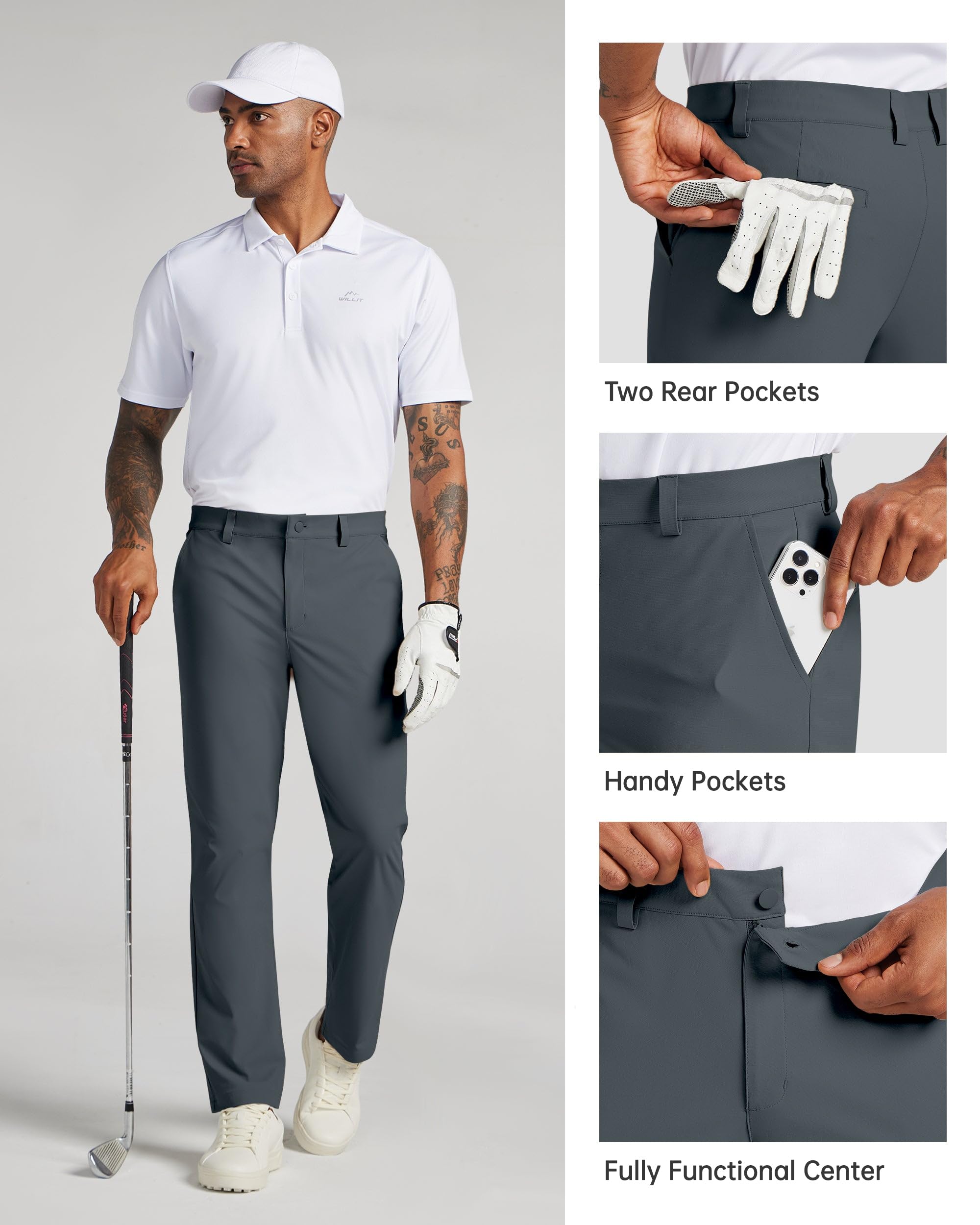 WILLIT Pantalones de golf para hombre Pantalones elásticos Pantalones de jogging Pantalones de trabajo de secado rápido Pantalones de oficina Pantalones casuales con 4 bolsillos 30"/32"/34"
