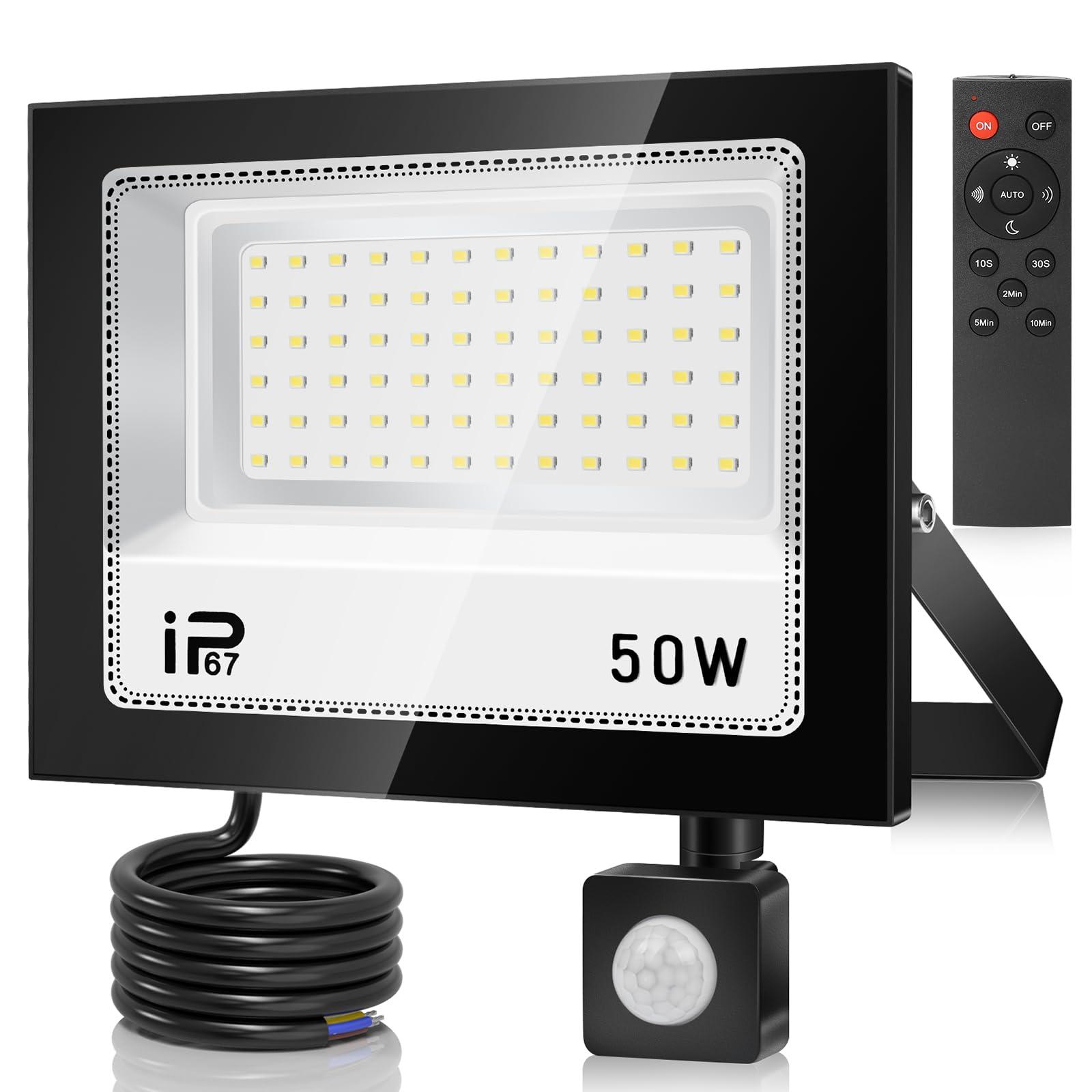 50W Foco LED Exterior con Control Remoto,5000LM Focos LED Exterior con Sensor de Movimiento,7000K LED Foco con Sensor, IP67 Impermeable Luz LED con Sensor de Movimiento, para Gardín,Patio,Garaje