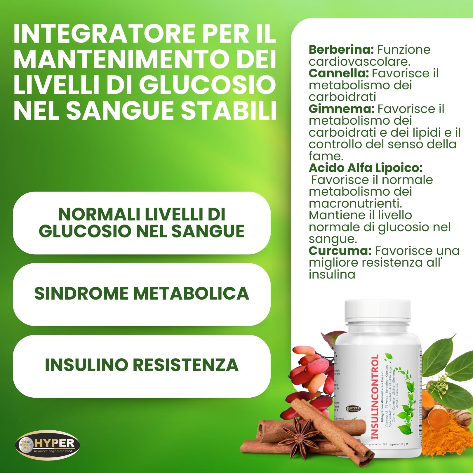 Hyper InSu Control 180 Cpr - Integratore con Berberina Cannella Gymnema Acido Alfa Lipoico Myo Inositolo Livello di Glicemia Metabolismo Mantenimento di Livelli Normali di Glucosio nel Sangue