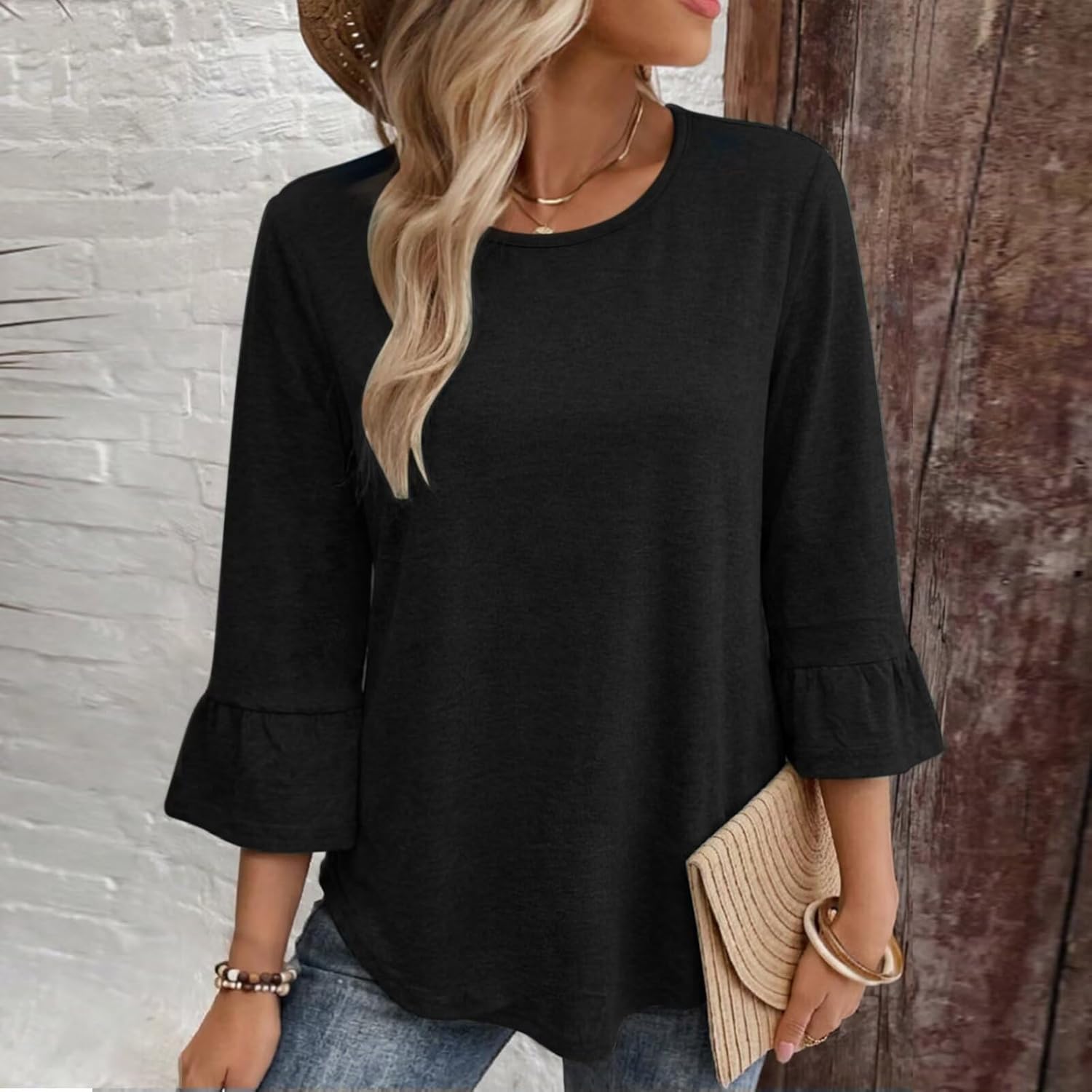 Women's Crew Neck 3/4 Sleeve Top Ruffled T-Shirt Slim Fit Chic Fashionable Loose Casual Shirt Spring/Summer Essential Shirt - Image 6
