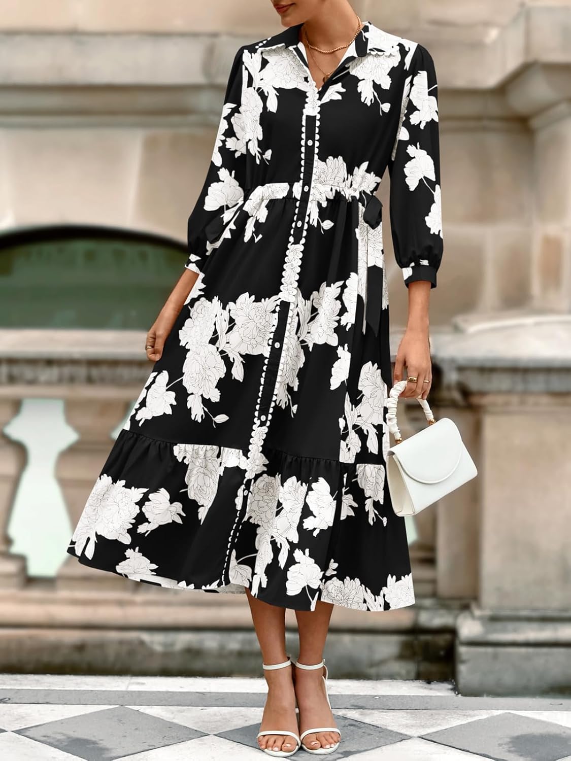 Wenrine Womens Maxi Shirt Dress Casual Floral Collared 3/4 Long Sleeve Drawstring Waist Fall Button Down Dresses - Image 2