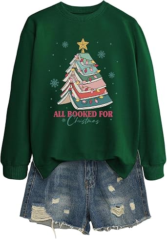 BEJUYOE Christmas Sweatshirts for Women All Booked Christmas Sweater Funny Tree Graphic Shirt Xmas Holiday Crewneck Pullovers