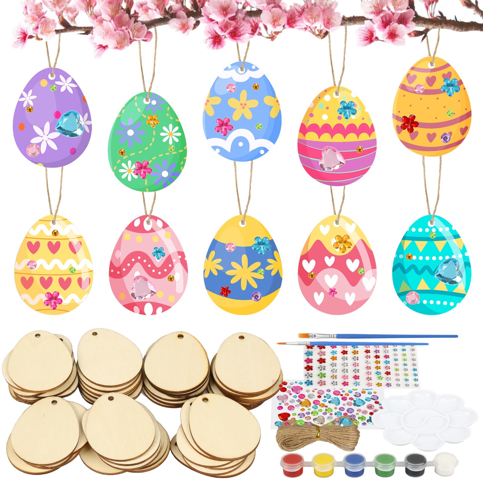 Fennoral 50 Pack Wooden Easter Egg Craft Kit for Kids Make You Own Easter Egg Easter Egg Hanging Ornaments DIY Easter Art and Craft for Girls Boys Art Project Easter Decoration