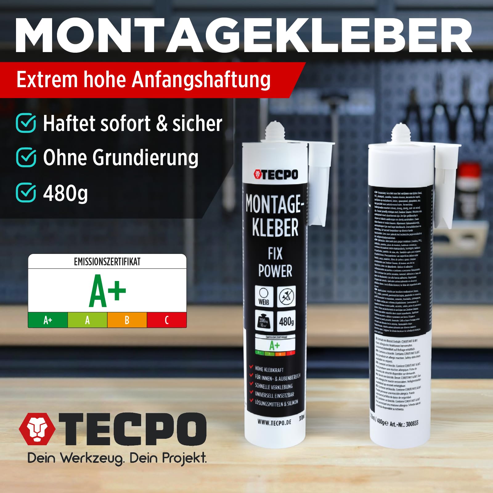 TECPO Montagekleber Fix Power 10x 480g Universal Baukleber Kraftkleber 200kg 10 cm² für Akustikpaneele Styropor Sockelleisten