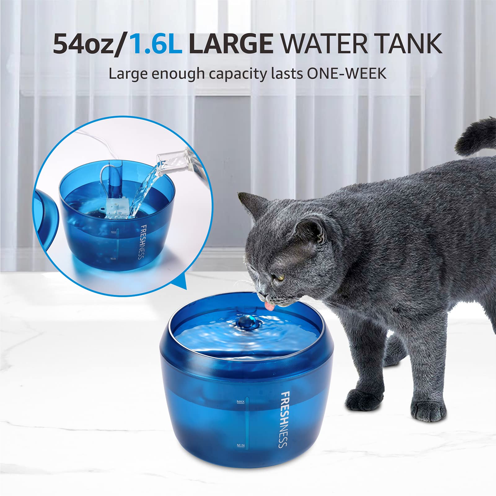 MIZOK Freshness Cat Fountain Water Bowl, 54oz/1.6L Water Fountain for Cats, Innovative Filter