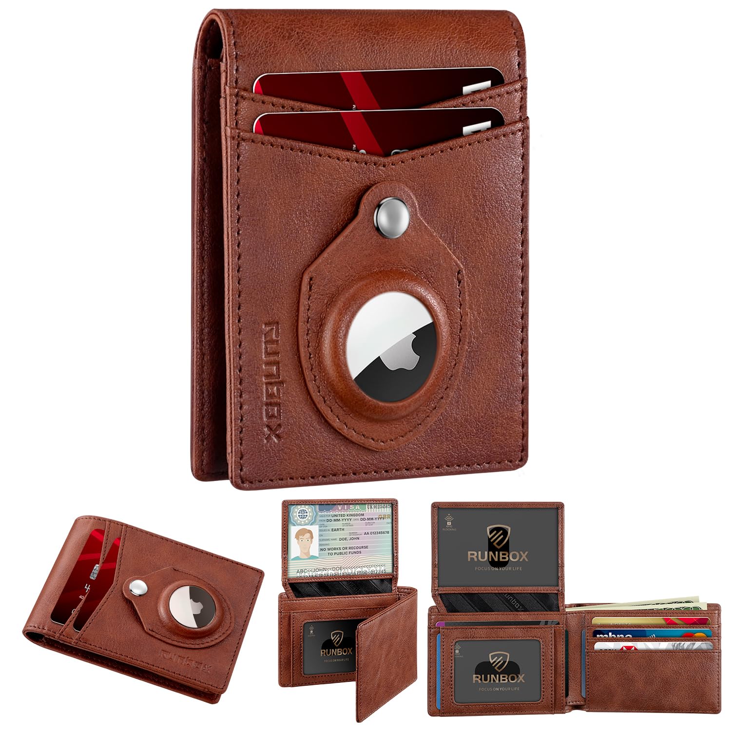 RUNBOX Airtag Wallet for Men Slim Rfid Leather 2 ID Window Gifts for Men
