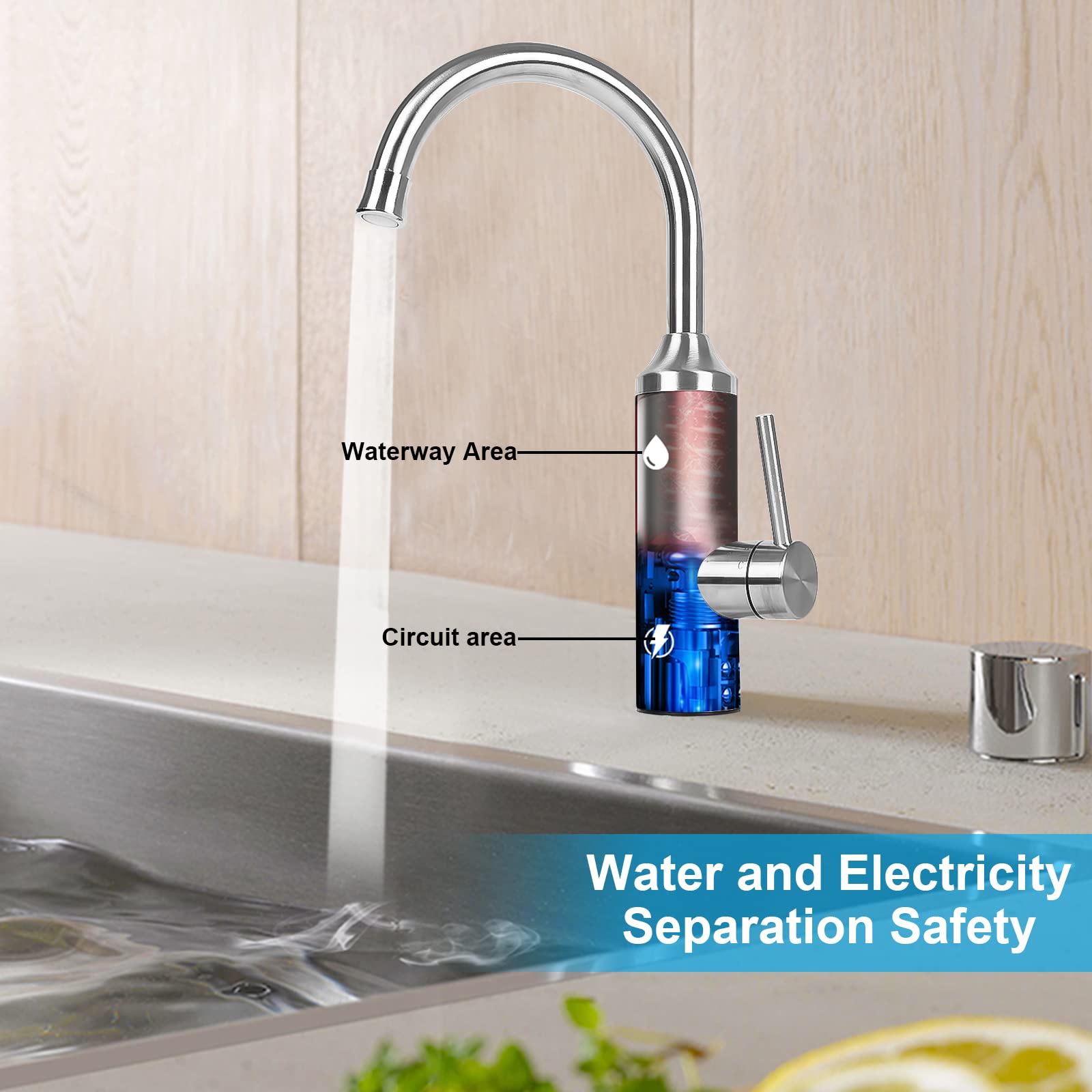 Robinet avec chauffe-eau instantané 3300 W, robinet de chauffage électrique, robinet de cuisine instantané, avec affichage de la température LED et pivotant à 360°