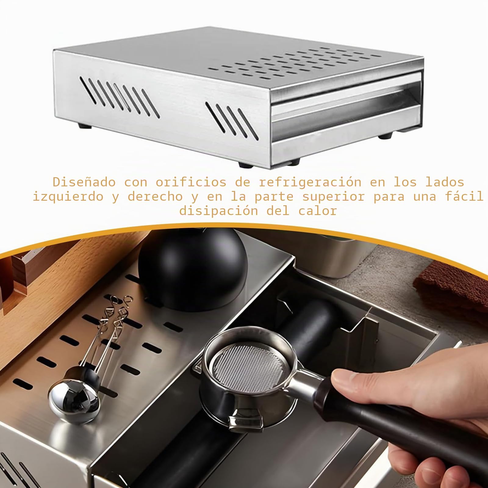 Caja Contenedor de Café,Kamanan Profesional para Posos de Café,Caja de Acero Inoxidable para Molinillo de Café Adecuado Para Todas Las Máquinas de Café Estándar (280mmx180mmx63mm)