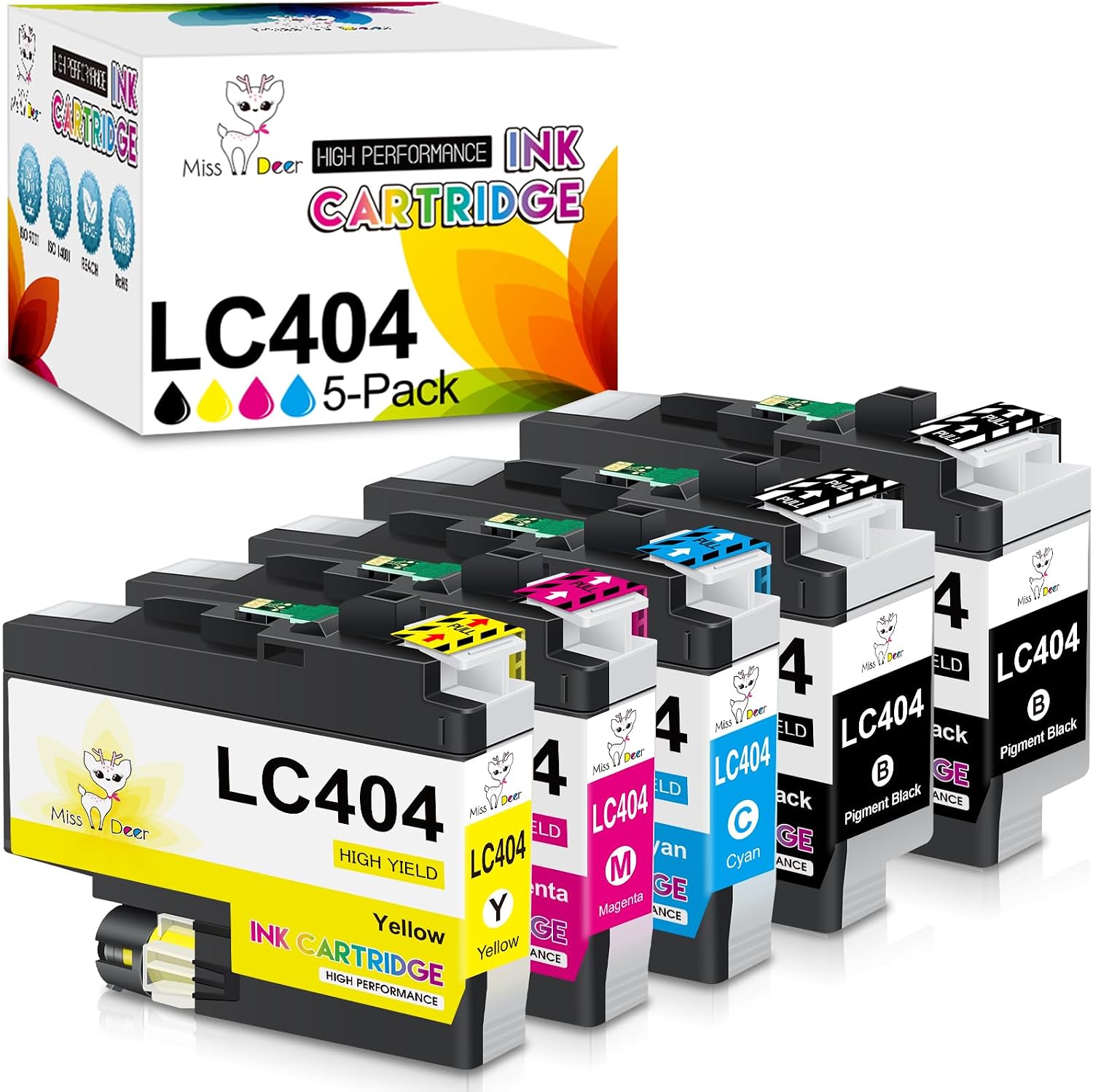 MS DEER LC404 Ink Cartridges for Brother MFC-J1205W J1215W Printer 5-Pack | LC 404 High Yield XL Replacement for LC404XL 404XL (2 Black, 1 Cyan, 1 Magenta, 1 Yellow) Smart chip, Home Office, School Use