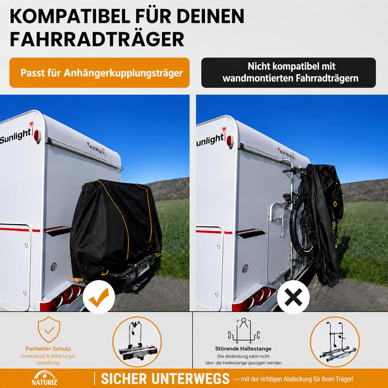 NATURIZ® Fahrradabdeckung Heckträger wasserdicht & reißfest - Fahrradschutzhülle mit 6m Spannseil - Fahrradplane für 2 Fahrräder - Ebike Transportschutz Set, Fahrradhülle, Bike Cover (2 Fahrräder)