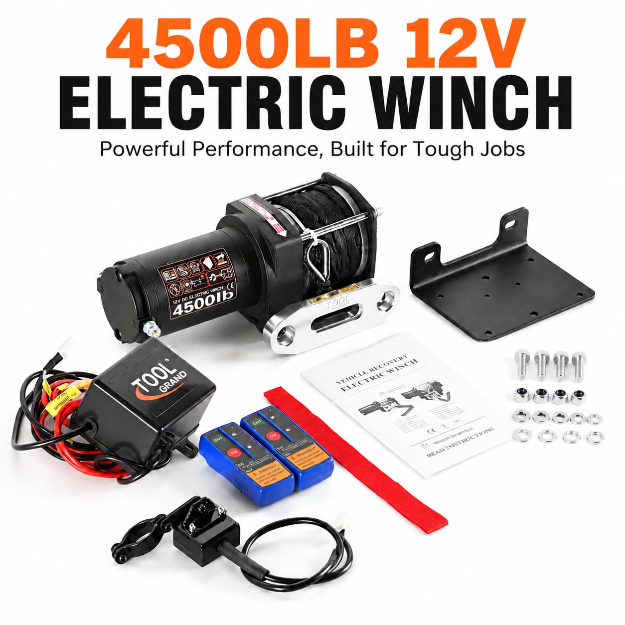 Kit de cabrestante eléctrico ATV/UTV de 4500 libras, cuerda sintética de 12 V CC, cabrestante de remolque de recuperación impermeable con control remoto inalámbrico y con cable, placa de