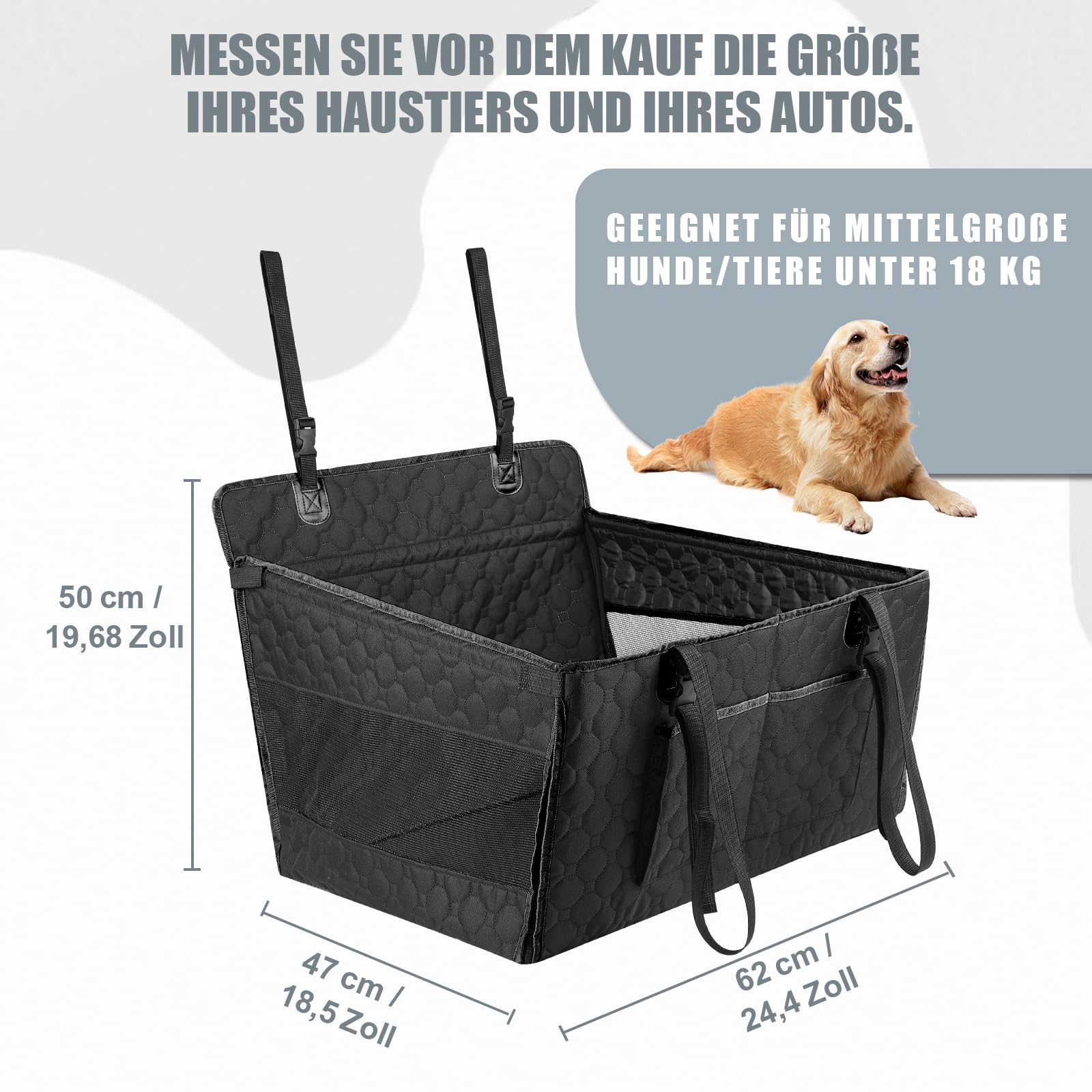 Verstärkter Hunde Autositz für Mittlere und Große Hunde, Hunde Autositz Rückbank – mit 4 Sicherheitsgurten für die Rückbank, Stabil, rutschfest, Faltbar & Waschbar, Kratzfest, Schwarz-L