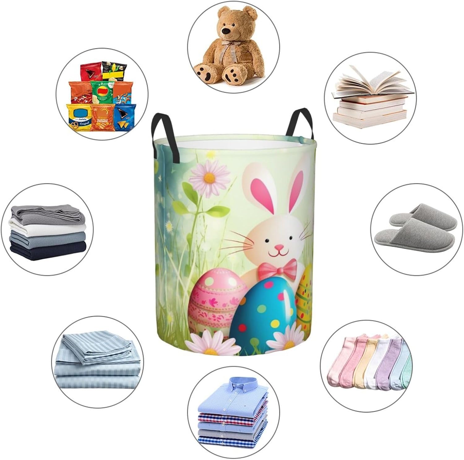 Spring Happy Easter Holiday Laundry Basket With Handles, Foldable Laundry Hamper Oxford Cloth Dirty Clothes Basket Waterproof Clothes Toys Storage Bin Organizer for Bedroom Bathroom Dorm