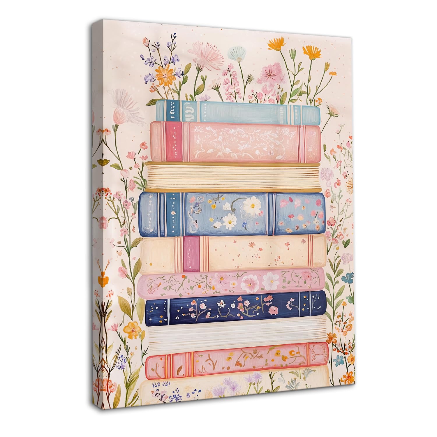 Dazzlewall Framed Vintage Pink Canvas Wall Art, Retro Floral Book Stack Artwork Print Girls Room Dorm Wall Decor for Bedroom Living Room, 12x16 in