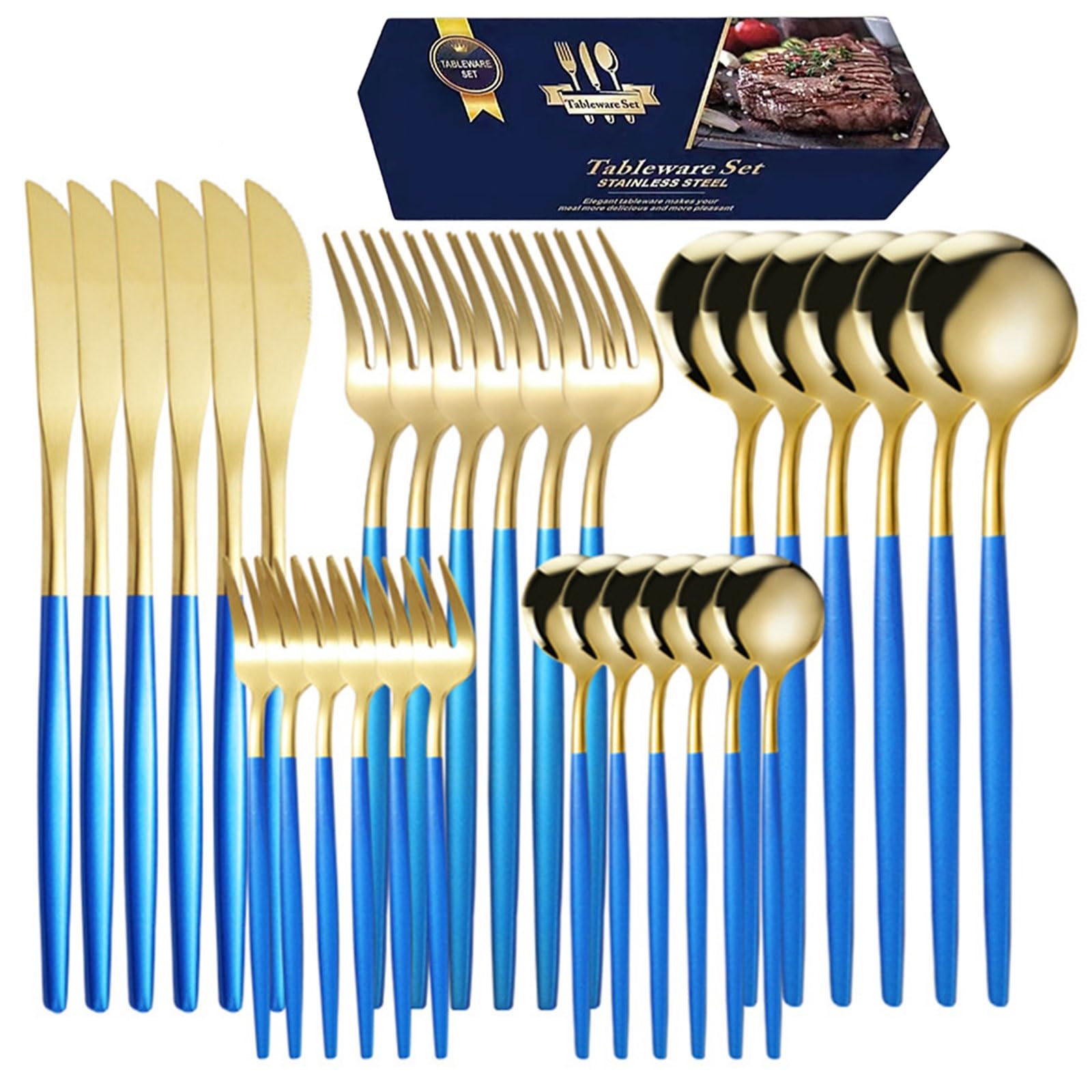 Fork Spoon Knife Tableware Set Metal Mirror Finish Kitchen Utensils For Home Restaurant Travel Dishwasher Safe Color K-Blue