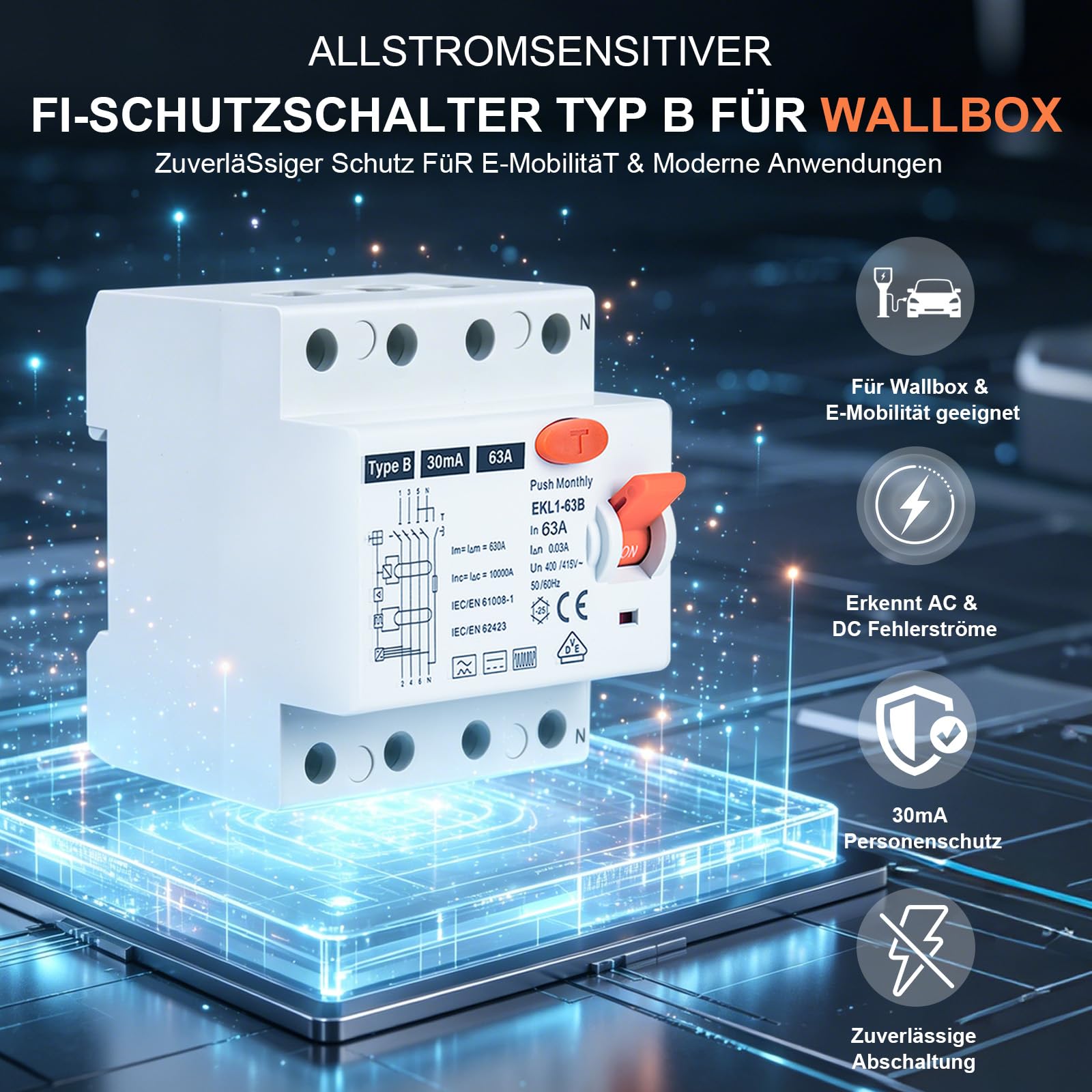 FI Schutzschalter Typ B 63A 30mA 4-polig, Allstromsensitiver RCD für Wallbox & Ladestation, Fehlerstromschutzschalter mit VDE Zertifizierung, DIN-Hutschiene Montage