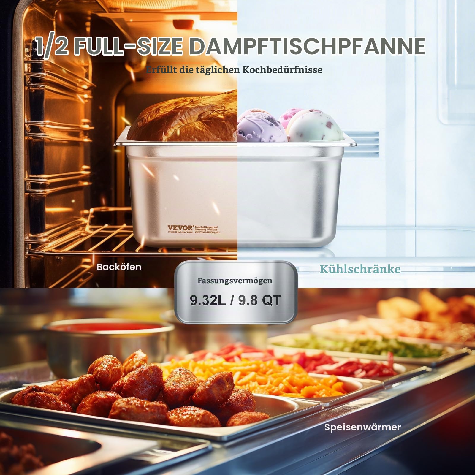 VEVOR GN 1/2 Gastronormbehälter, Edelstahl Behälter 6 Stk. 325 x 266 x 148 mm Speisebehälter, kommerzieller Dampfpfanne Warmhaltebehälter, Hotelpfanne Tisch Food Pan Buffet