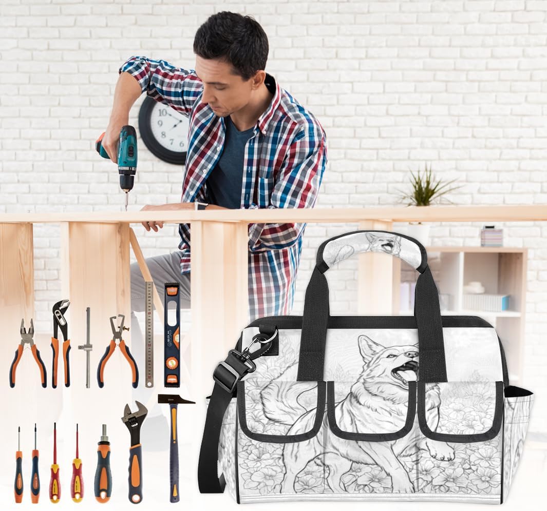 Funny Dog Tool Bag for Men and Women, 14.8inch Heavy Duty Tools Tote Organizer Bags, Waterproof Tool box Storage Bag with Adjustable Shoulder Strap