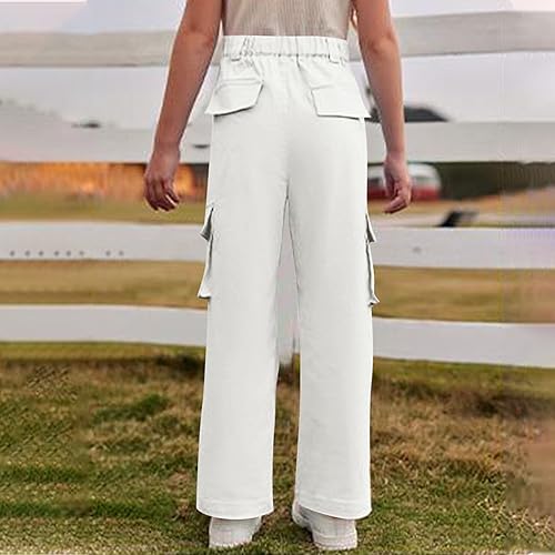 Beessbest Girls Cargo Pants Wide Leg Streetwear Boys Kids Pants with Pockets High Waist Trendy Jogger Trousers 4-15 Years(White,4-5T)