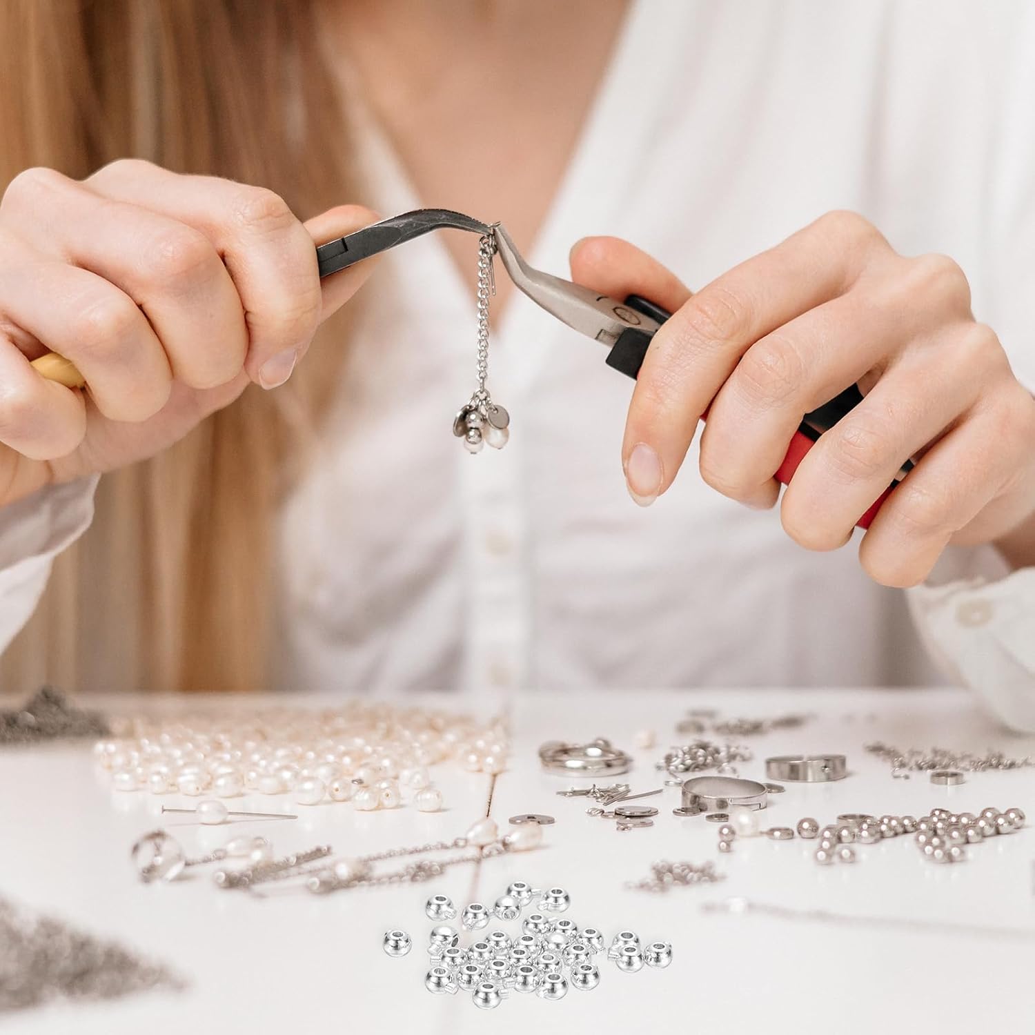 uxcell 20 Pcs Round Crimp Beads, 3.2mm Copper Spacer Beads Connectors Loose Beading Findings End Stopper for Earrings Necklaces Bracelets Pendant DIY Crafts, White - Image 6