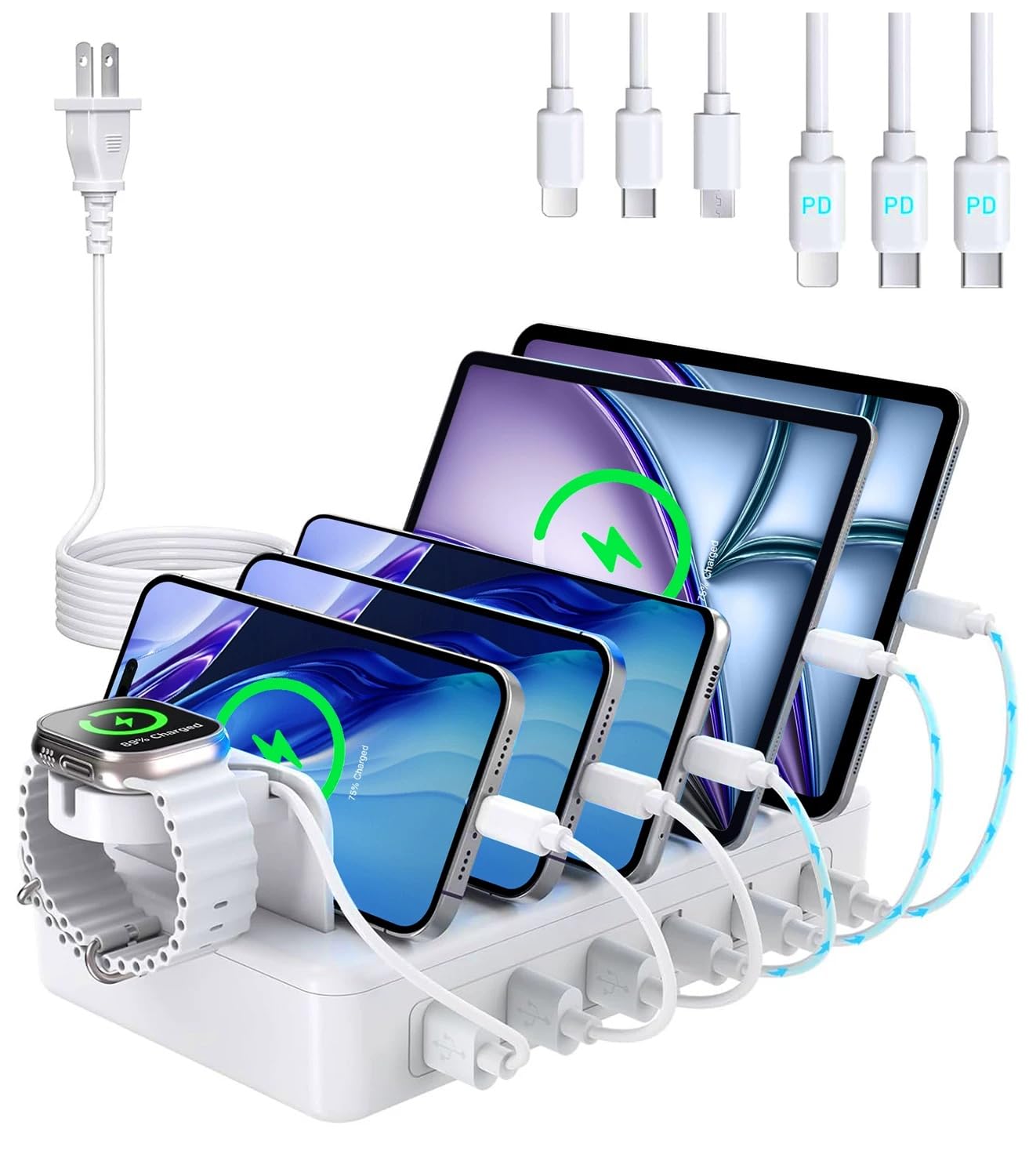 Estación de carga PD para varios dispositivos de 96 W, 6 puertos USB C estación de carga con 3 PD 20 W USB-C Multi cargador para teléfono móvil, tablet y otros