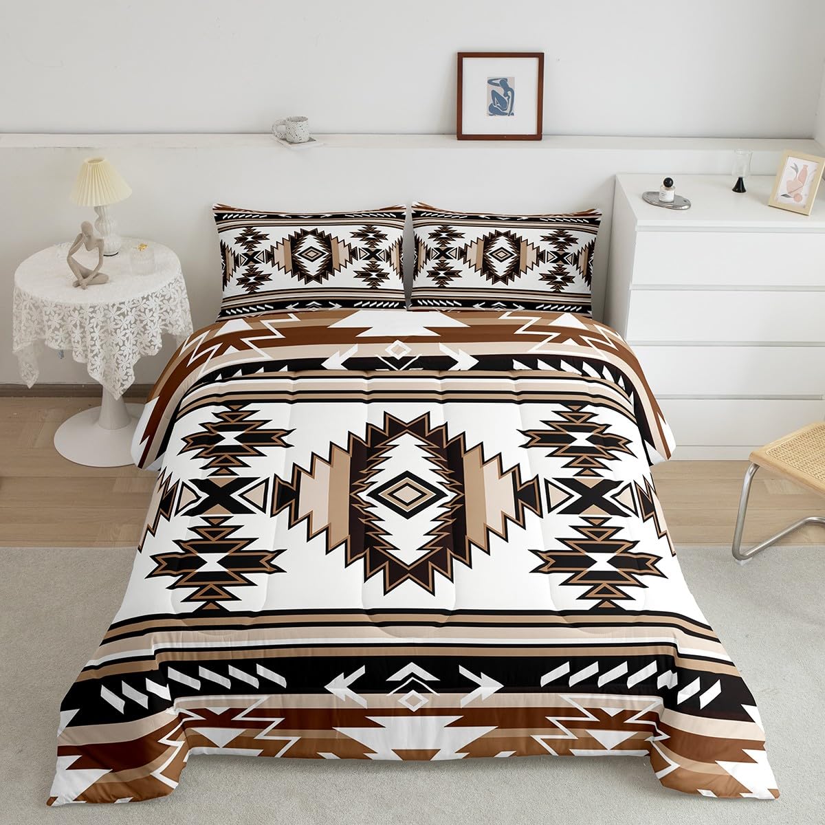 Manfei Aztec Print Kids Comforter Set King Size,Western Cowboy Southwest Tribal Bedding Set,Boys Girls Adults Room Decor,Abstract Geometric Patchwork Qulit Set,Brown Retro Duvet Insert,2 Pillowcases