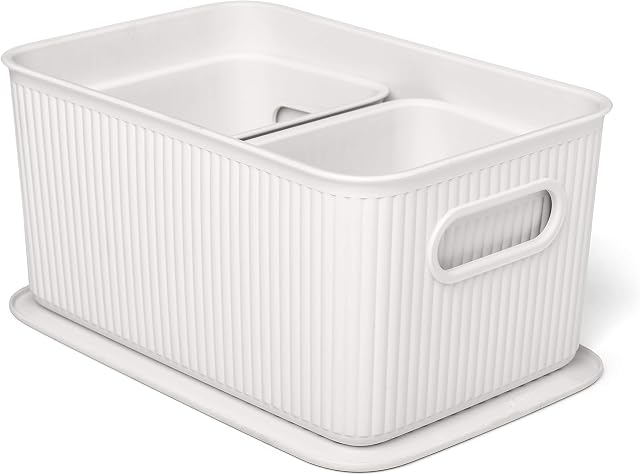 Tatay 7010901 Multipurpose Organizer Basket Set with Lid, 3X White, Medium