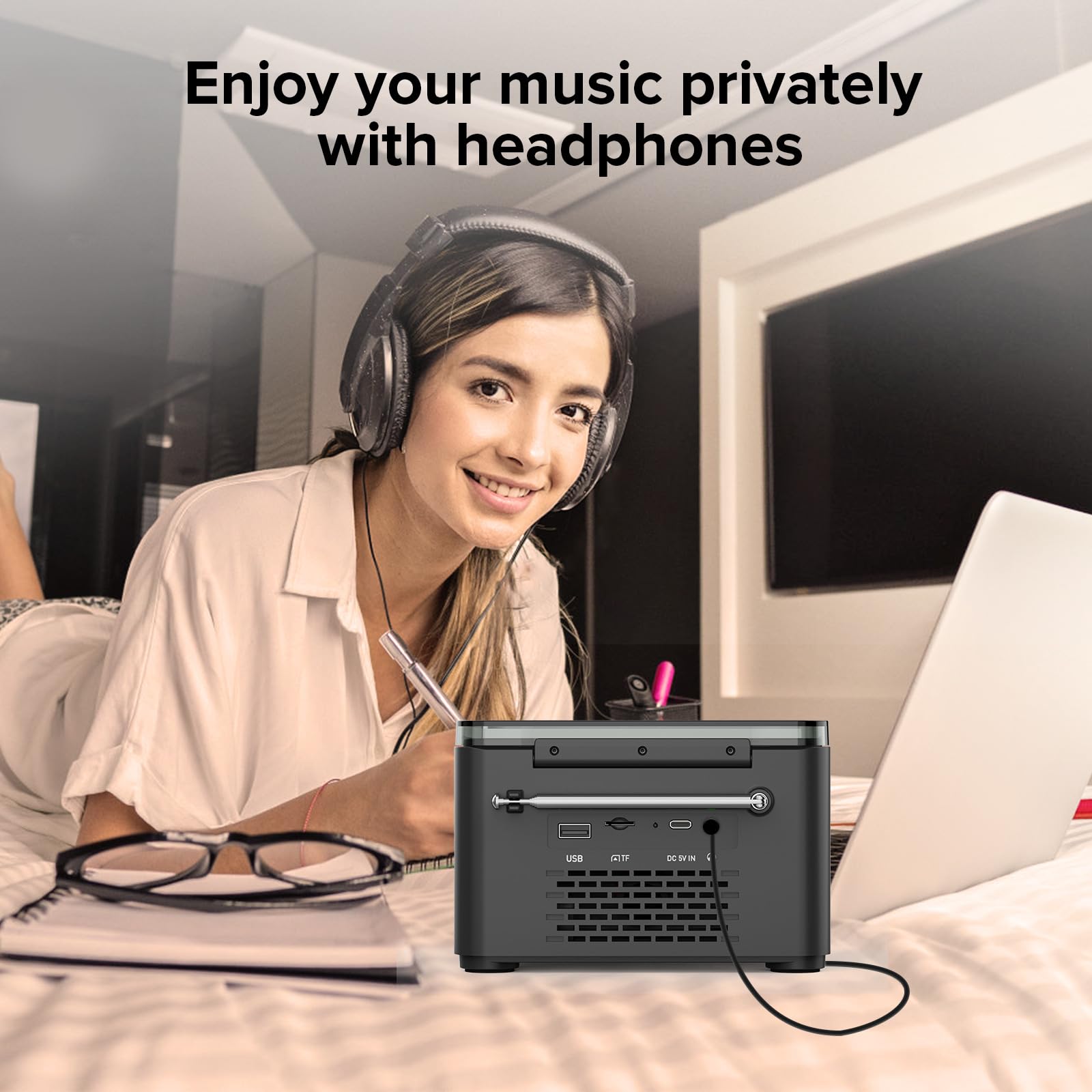Reproductor de CD con radio FM, conectividad Bluetooth, soporte USB/TF, sonido estéreo, canal 2.0, diseño portátil, batería de 4000 mAh