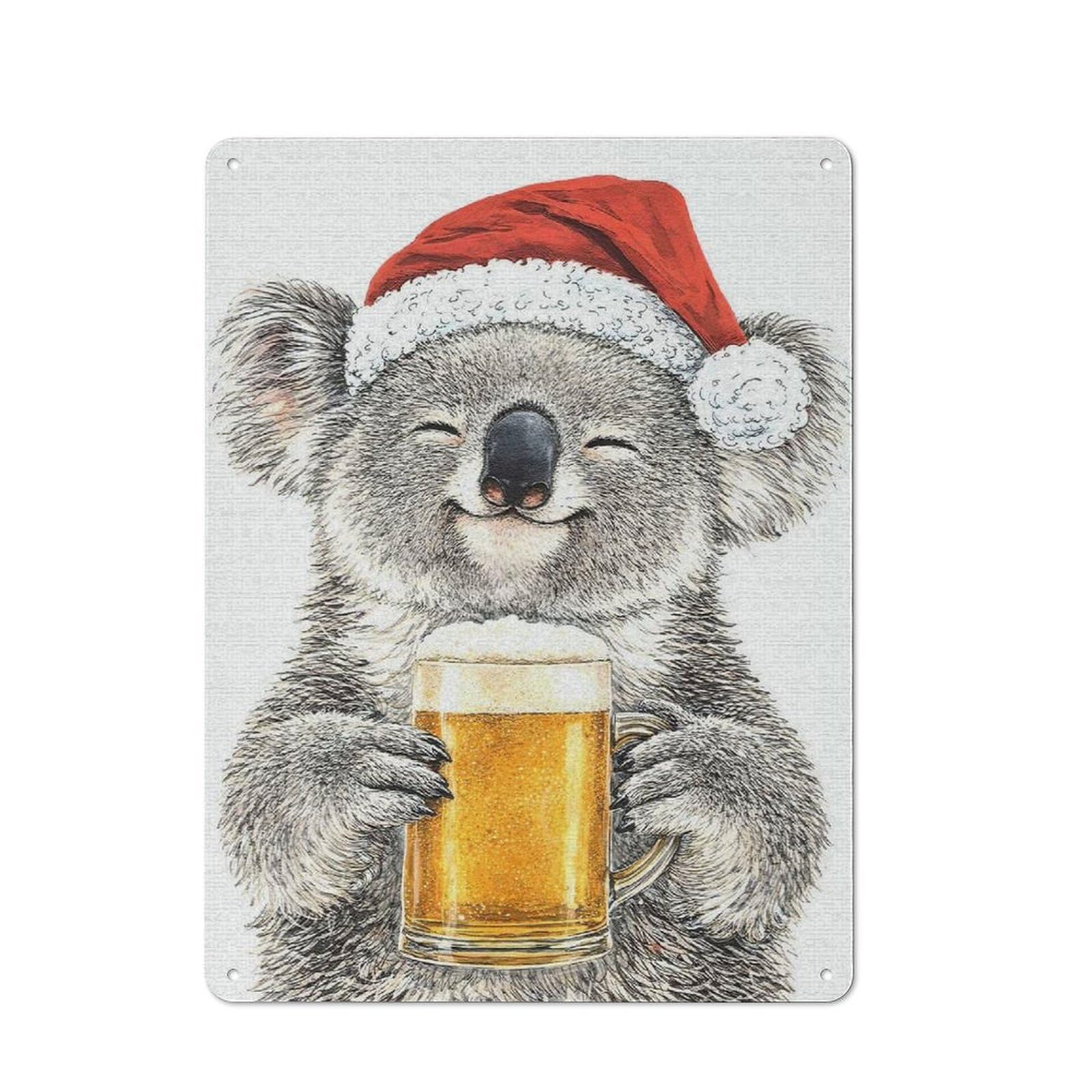 Junmoney Style-7 Koala In Santa Hat With Beer Tin Wall Sign 40X30cm, Country Style Bistro Wall Plaque For Coffee Bar, Kitchen, Bistro Or Tea Corner