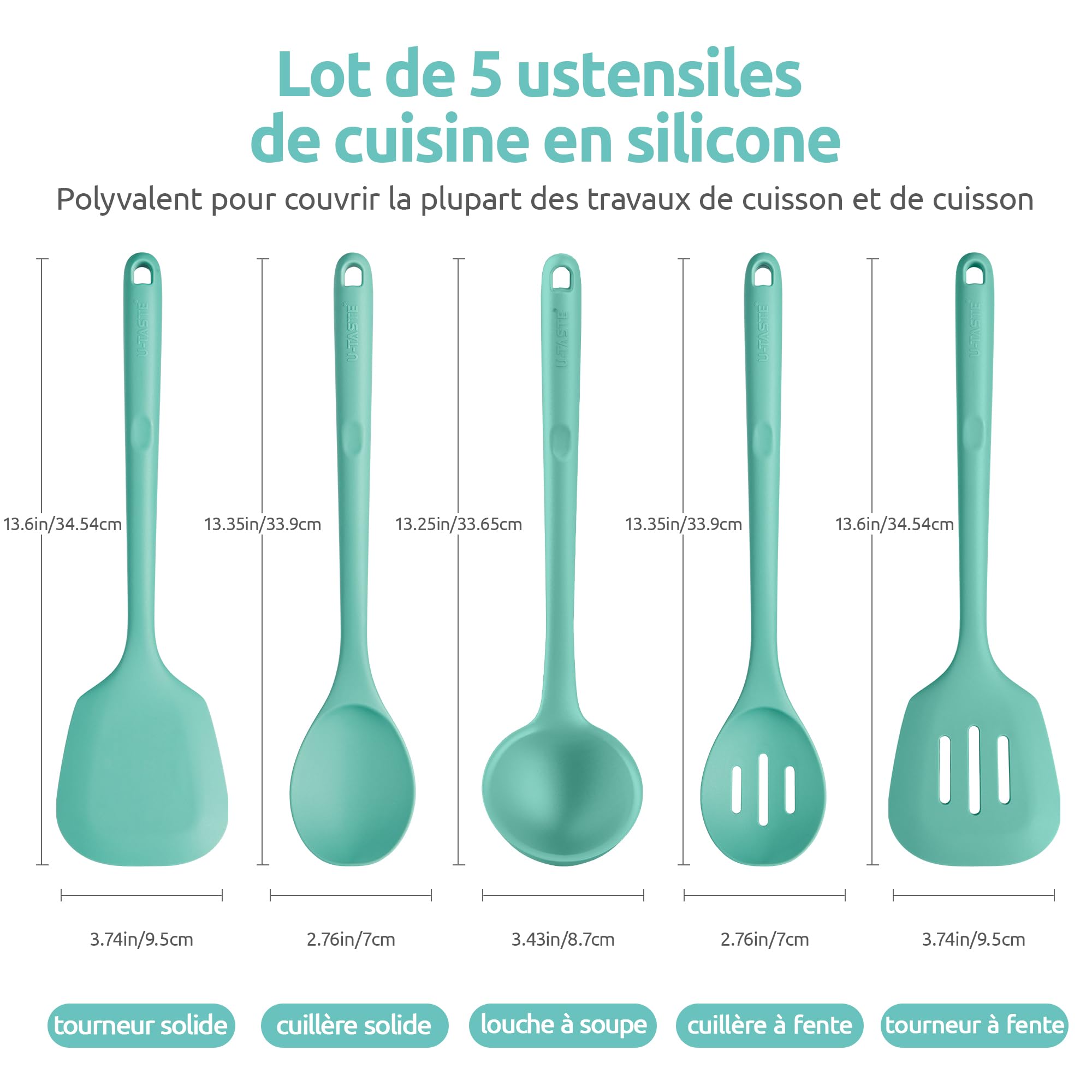 U-Taste Ustensiles de cuisine en silicone extra longs: spatules de cuisson résistantes à la chaleur de 315 ℃, cuillères de service pour mélanger friture remuer l'égouttage (5 pièces, Aqua Sky)