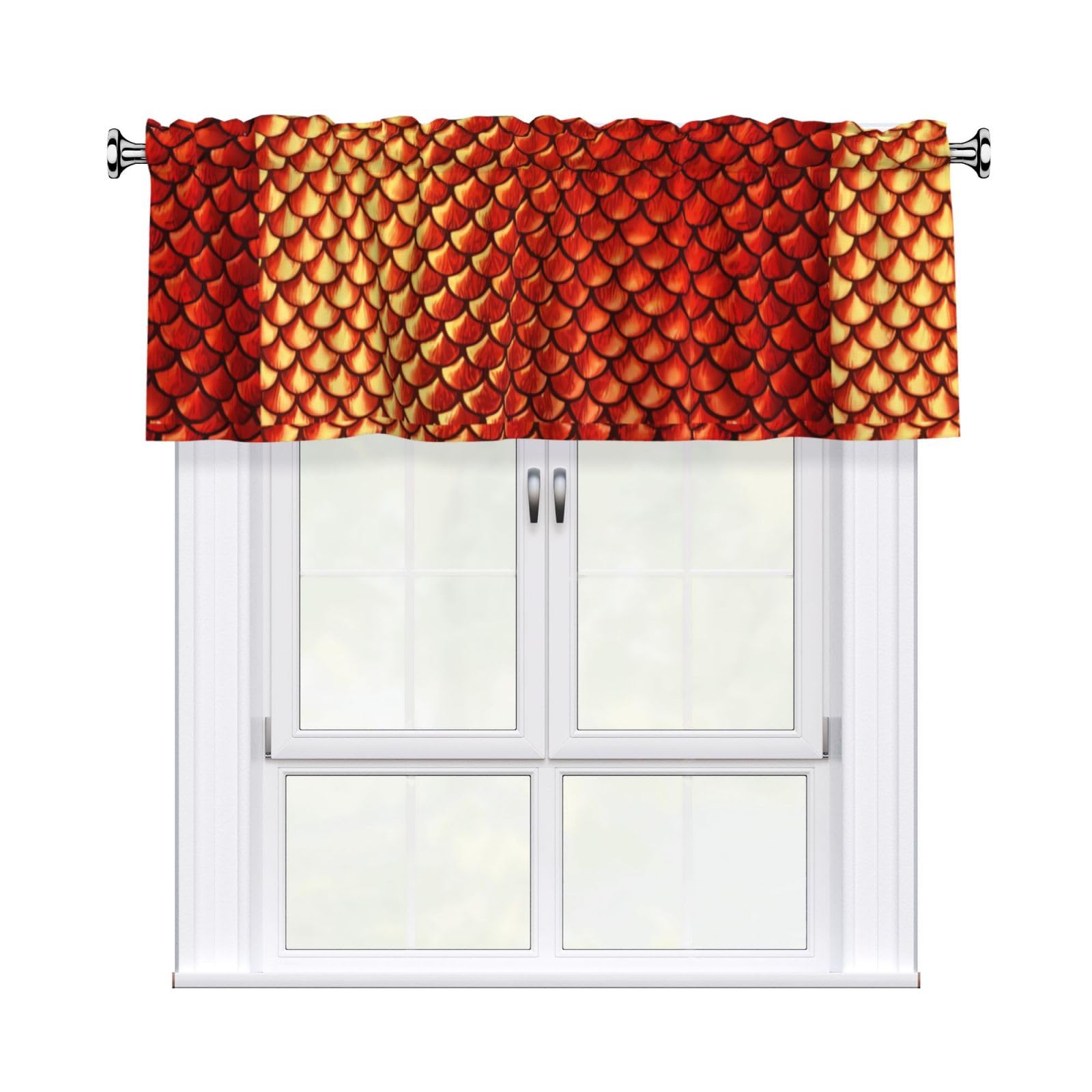 WHJDPP red fish scale Prints Curtain Valance 54x18 Inch - Peach Skin Window Cover with Printed Design, Filtering Light for Kitchen Decor